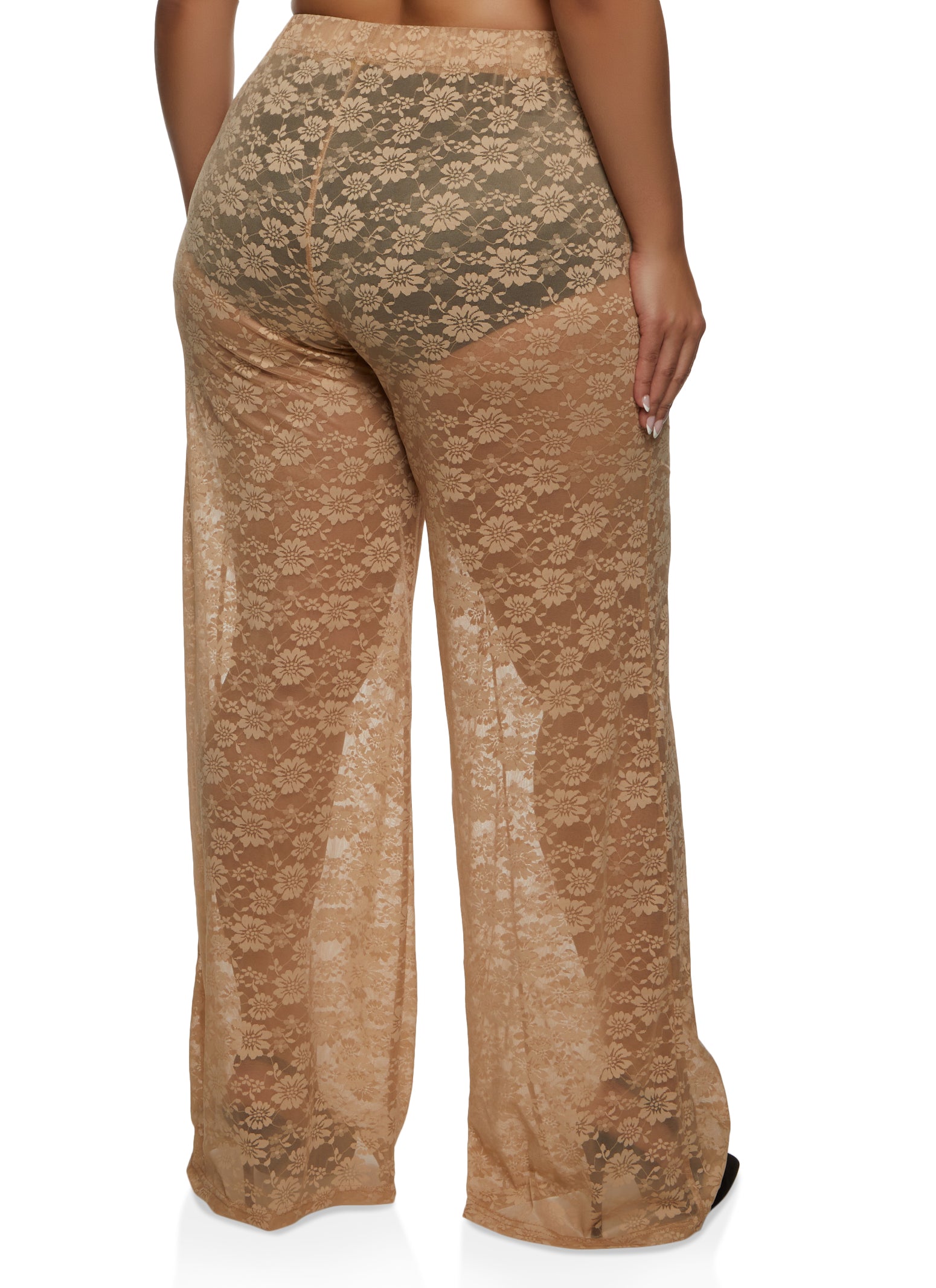 Womens Plus Size Floral Lace Wide Leg Pants, Khaki, Size 1X