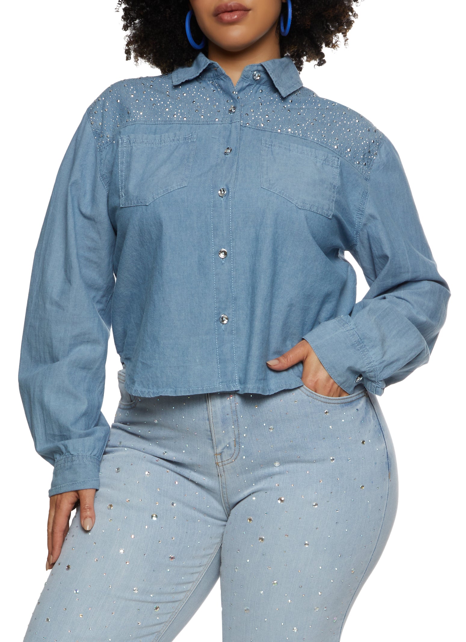 Womens Plus Size Rhinestone Button Front Denim Shirt, Blue, Size 1X