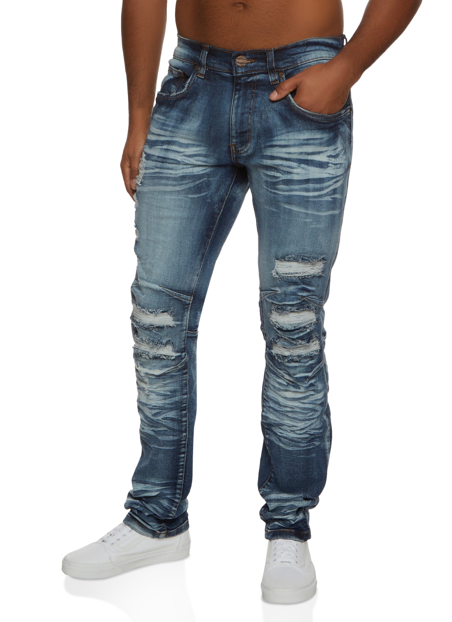 Womens Mens Distressed Whiskered Moto Jeans, Blue, X