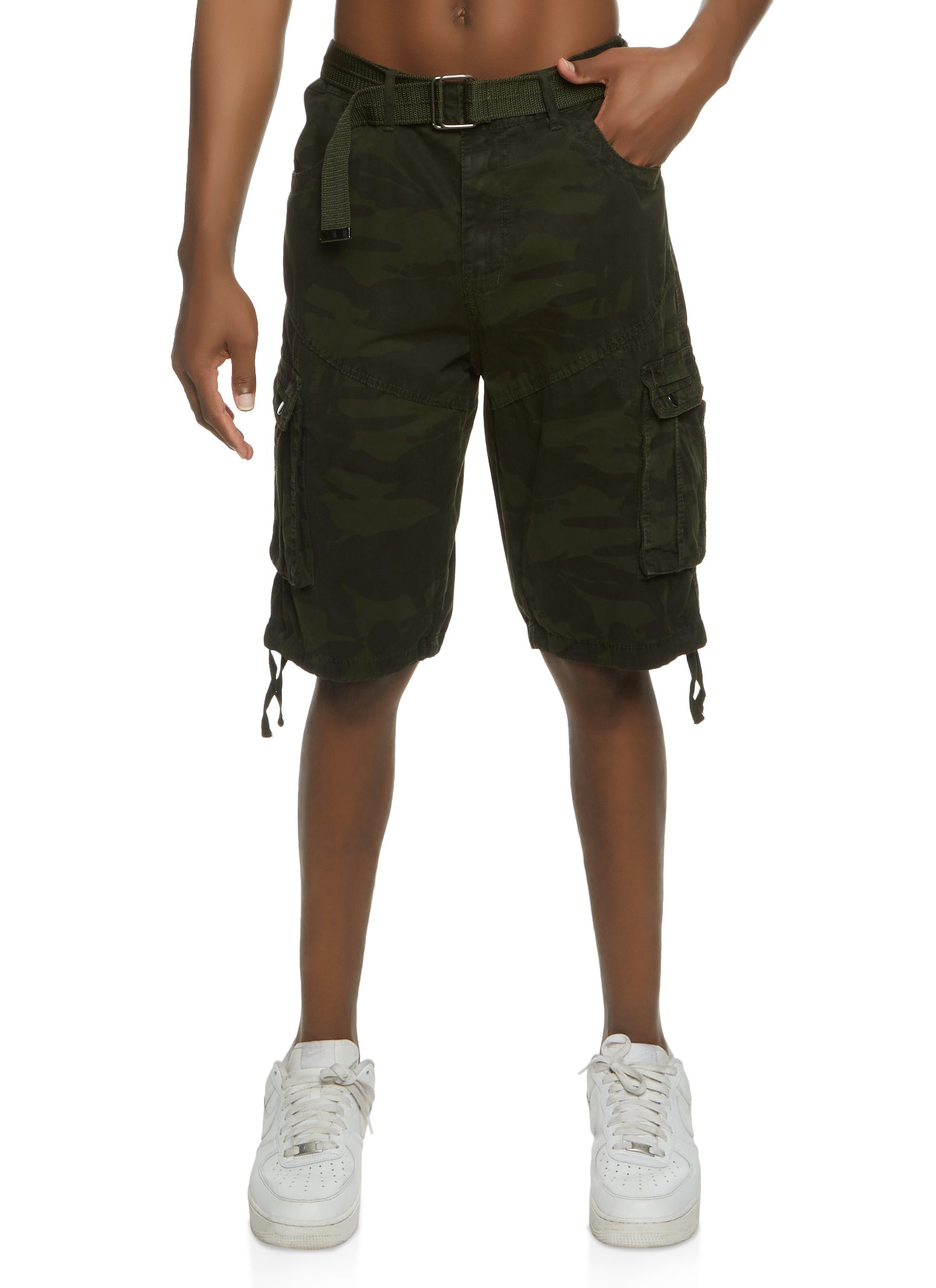 Womens Mens Camo Belted Cargo Shorts, Green, Size 36W