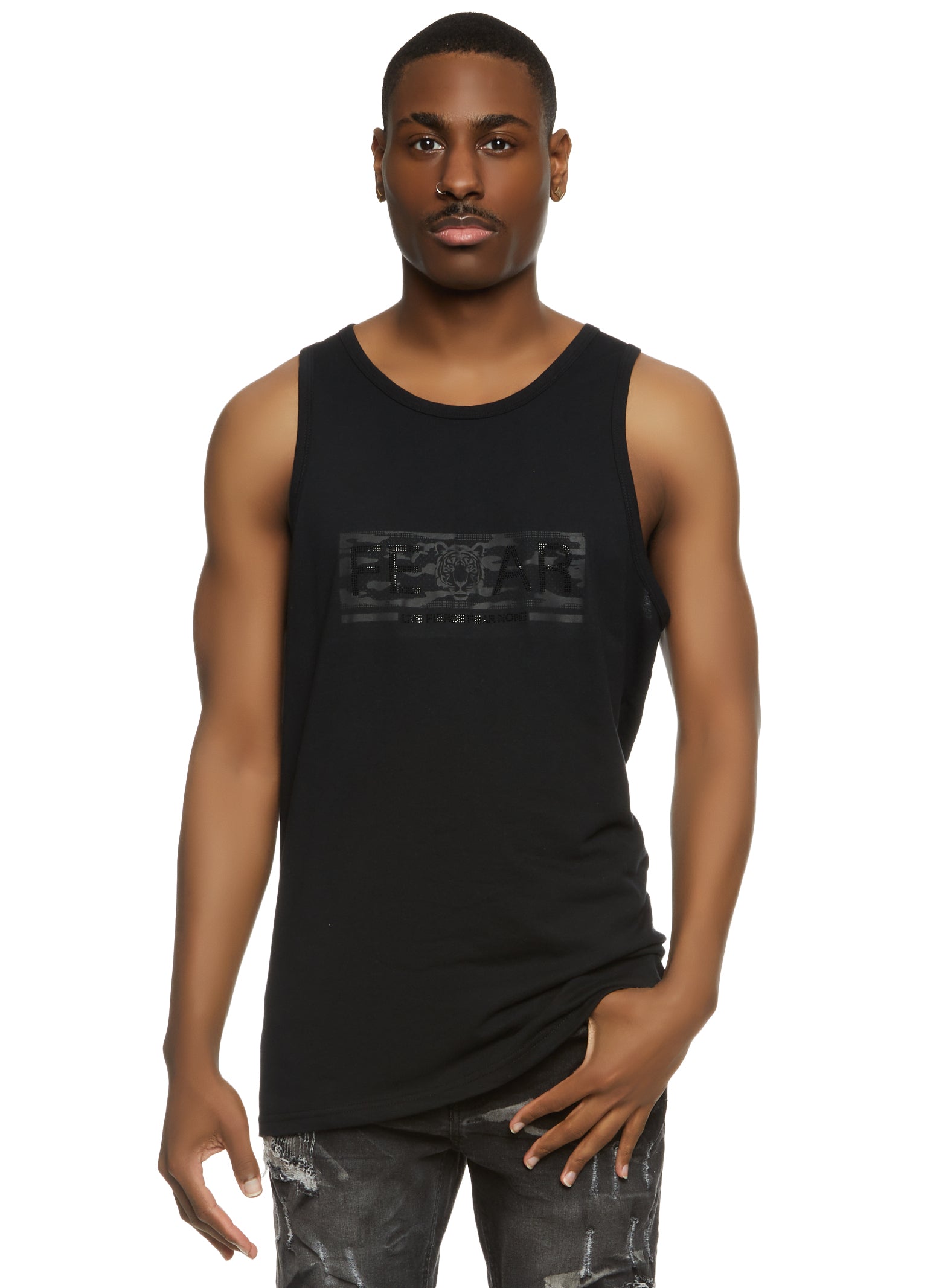 Womens Mens Fear Tiger Graphic Tank Top, Black,