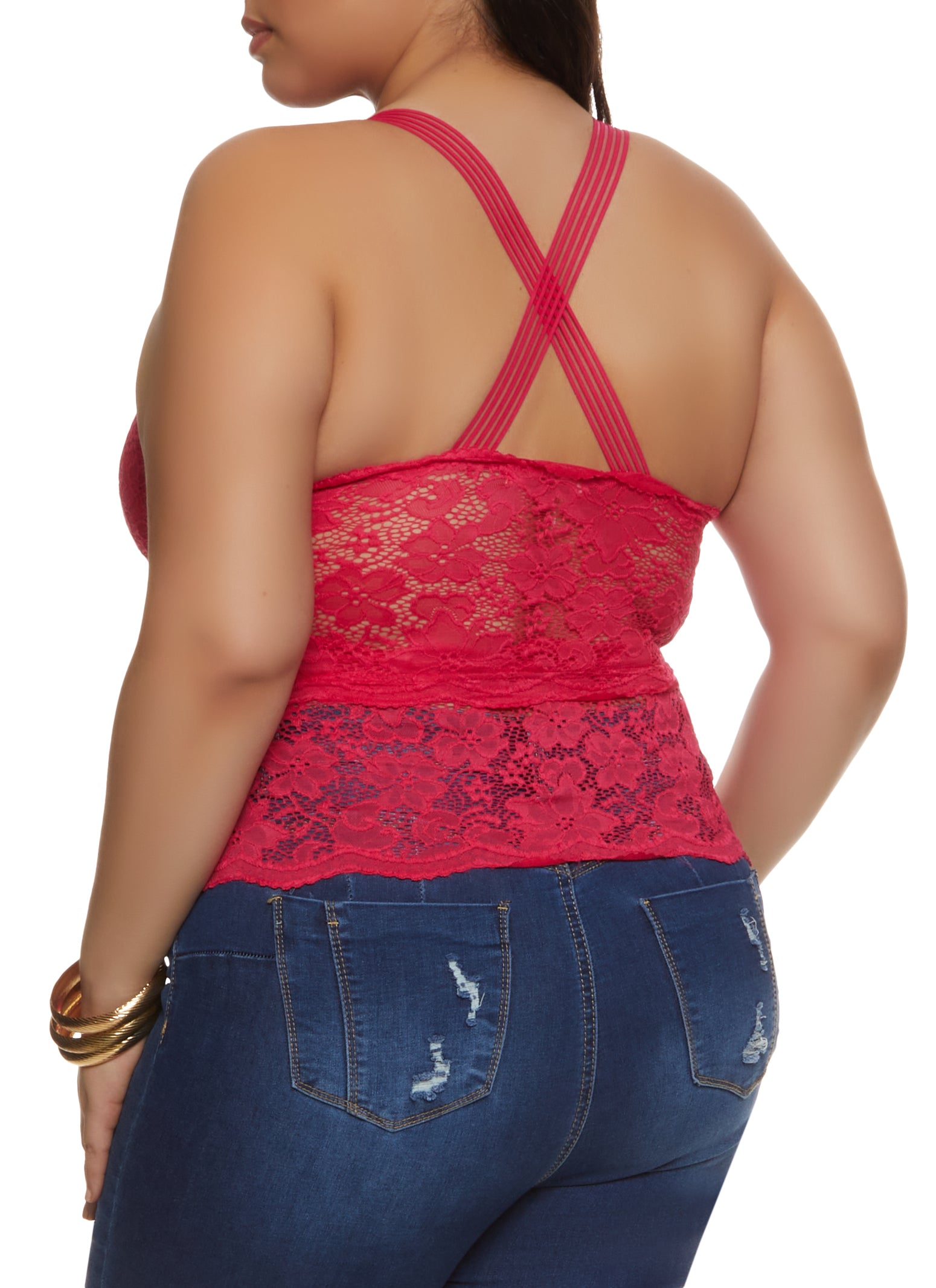 Womens Plus Size Criss Cross Back Sleeveless Lace Top, Pink, Size 1X