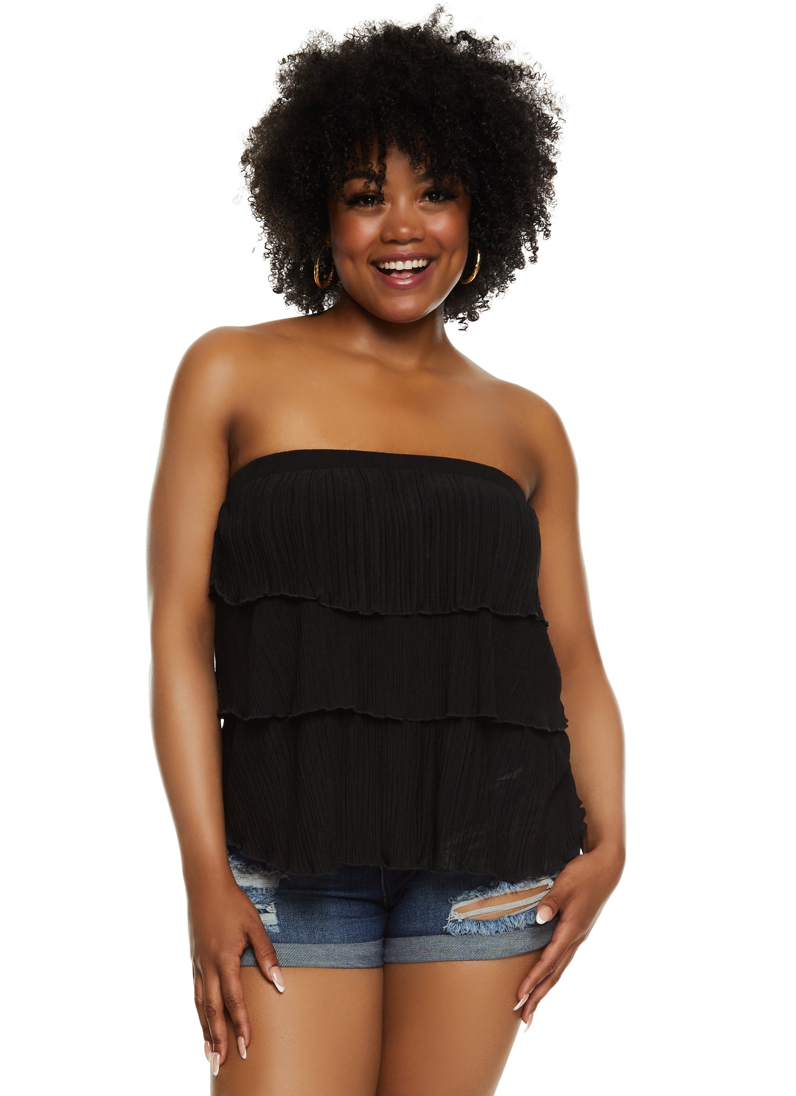 Womens Plus Size Textured Knit Tiered Tube Top, Black, Size 2X