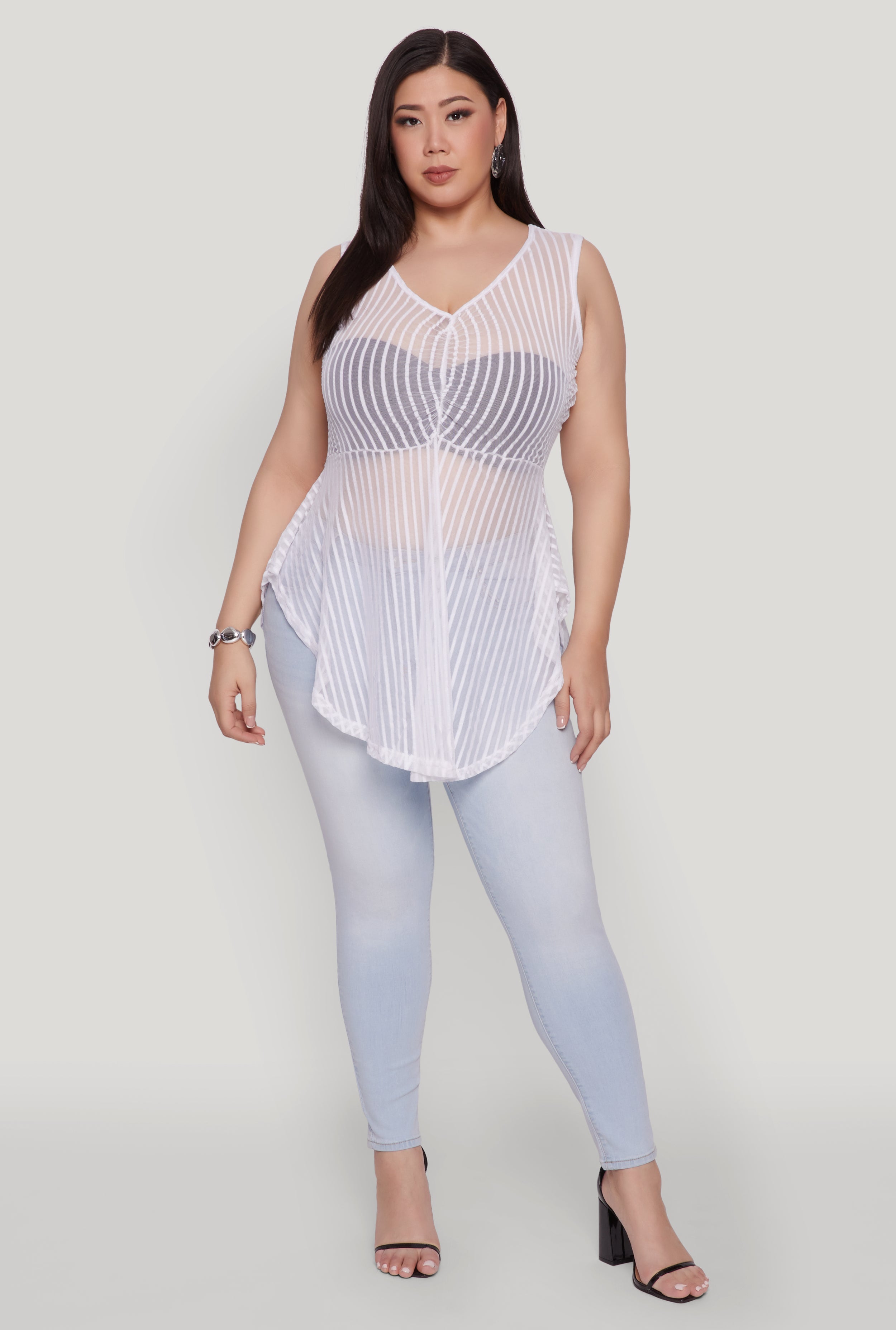 Womens Plus Size Shadow Stripe Sleeveless Mesh Top, White, Size 4X