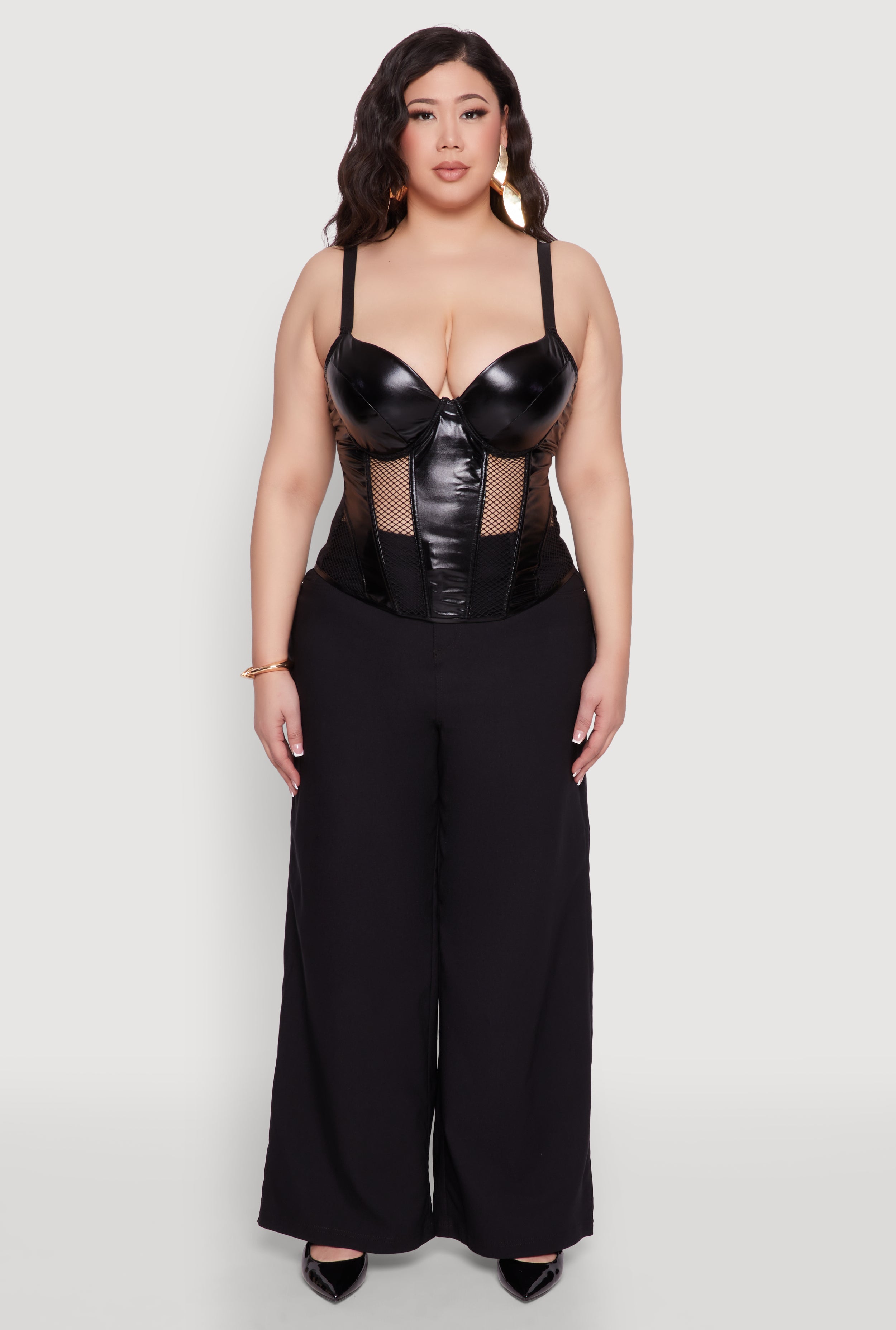 Womens Plus Size Fishnet Cutout Faux Leather Look Bustier Top, Black, Size 2X