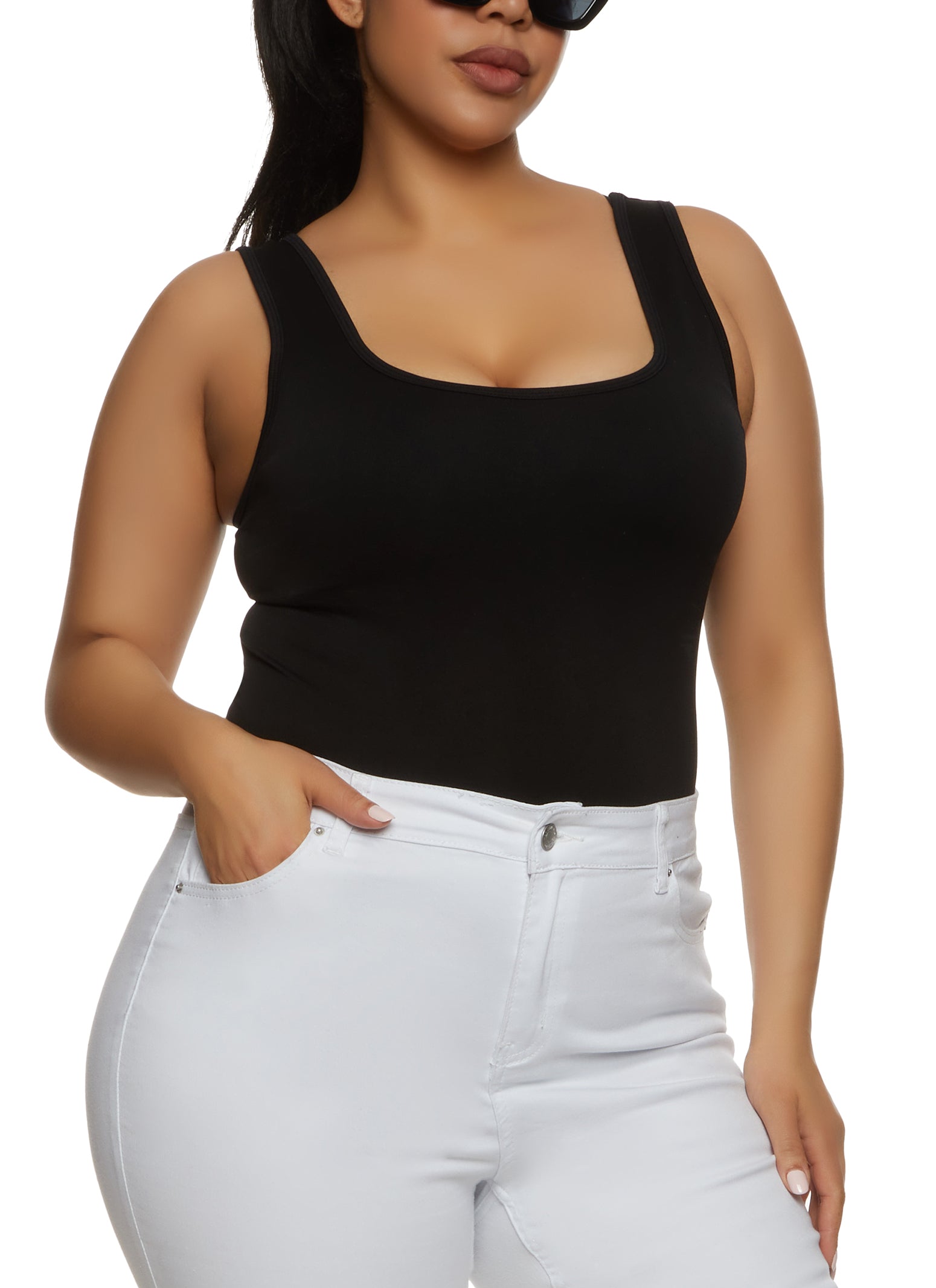 Womens Plus Size Seamless Square Neck Tank Bodysuit, Black, Size 1X-2X