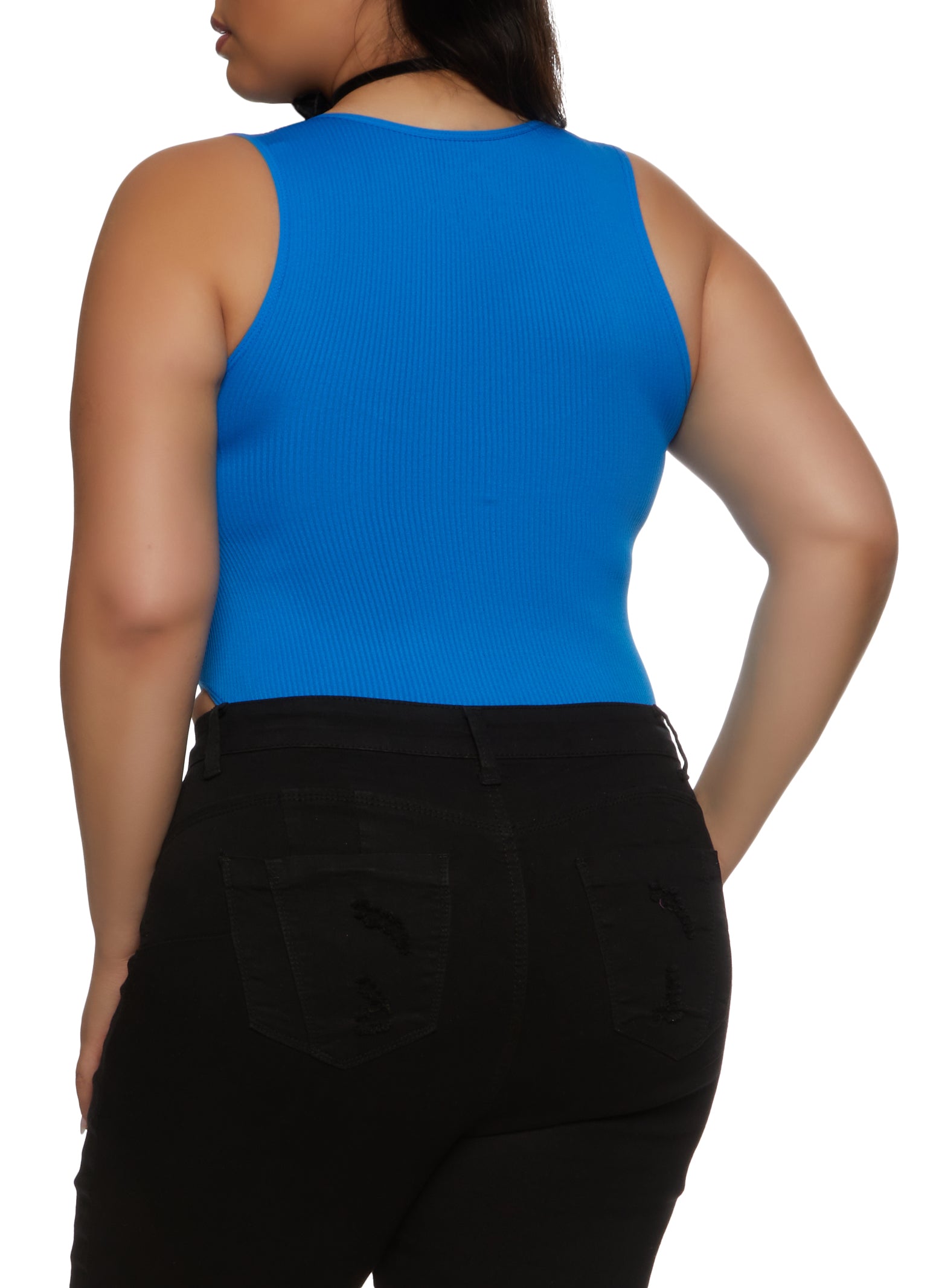 Womens Plus Size Rib Knit High Cut Seamless V Neck Bodysuit, Blue, Size 1X-2X