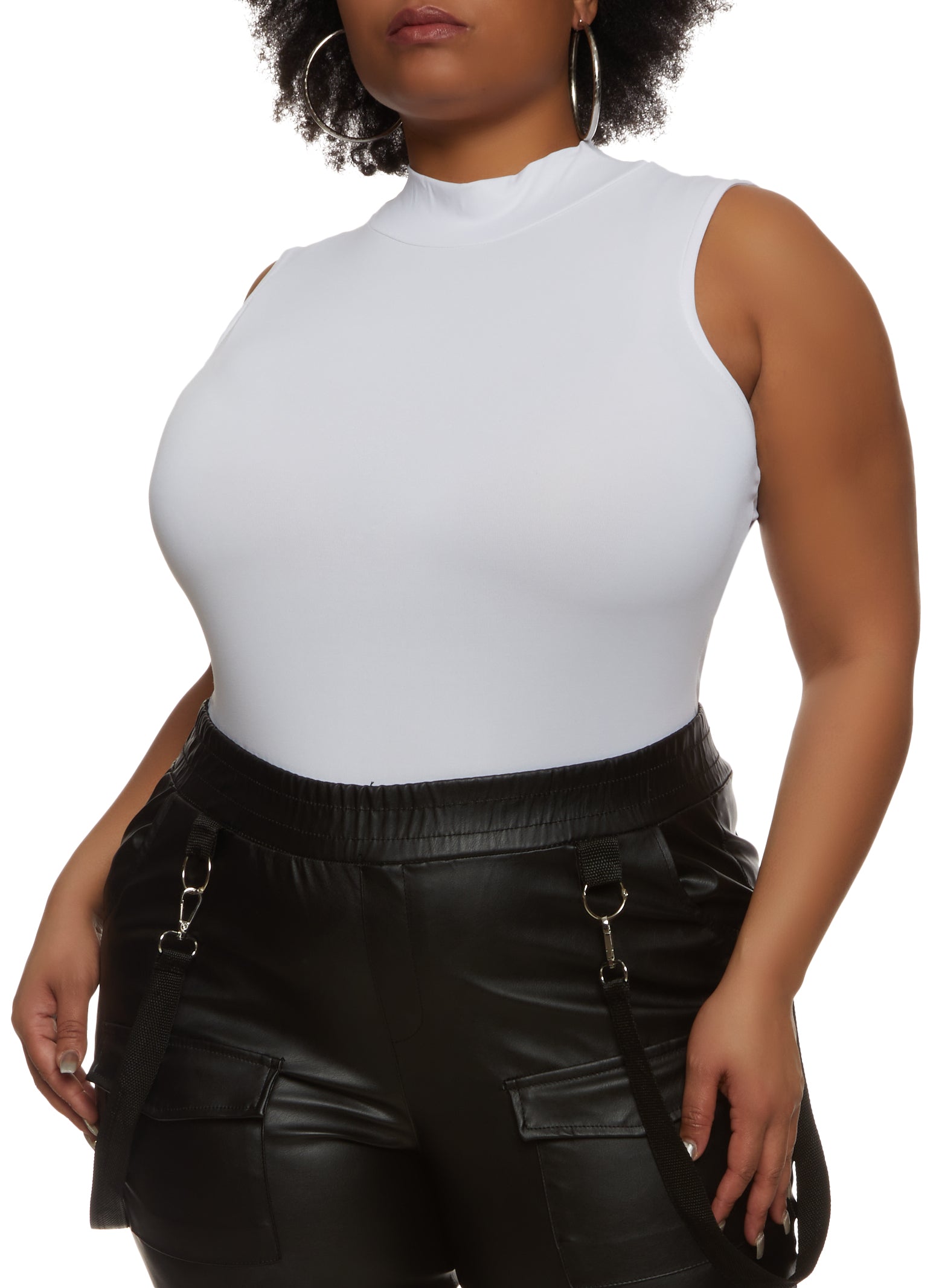 Womens Plus Size Mock Neck Sleeveless Bodysuit, White, Size 3X