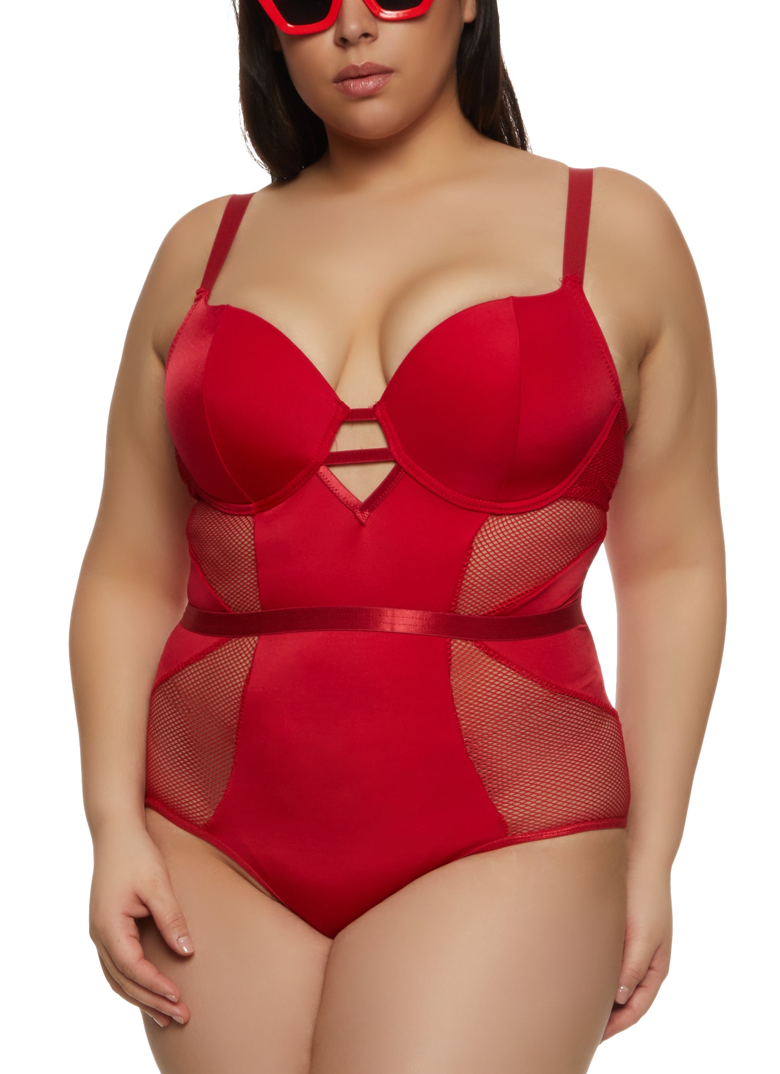 Womens Plus Size Fishnet Insert Caged Detail Bustier Bodysuit, Red, Size 2X