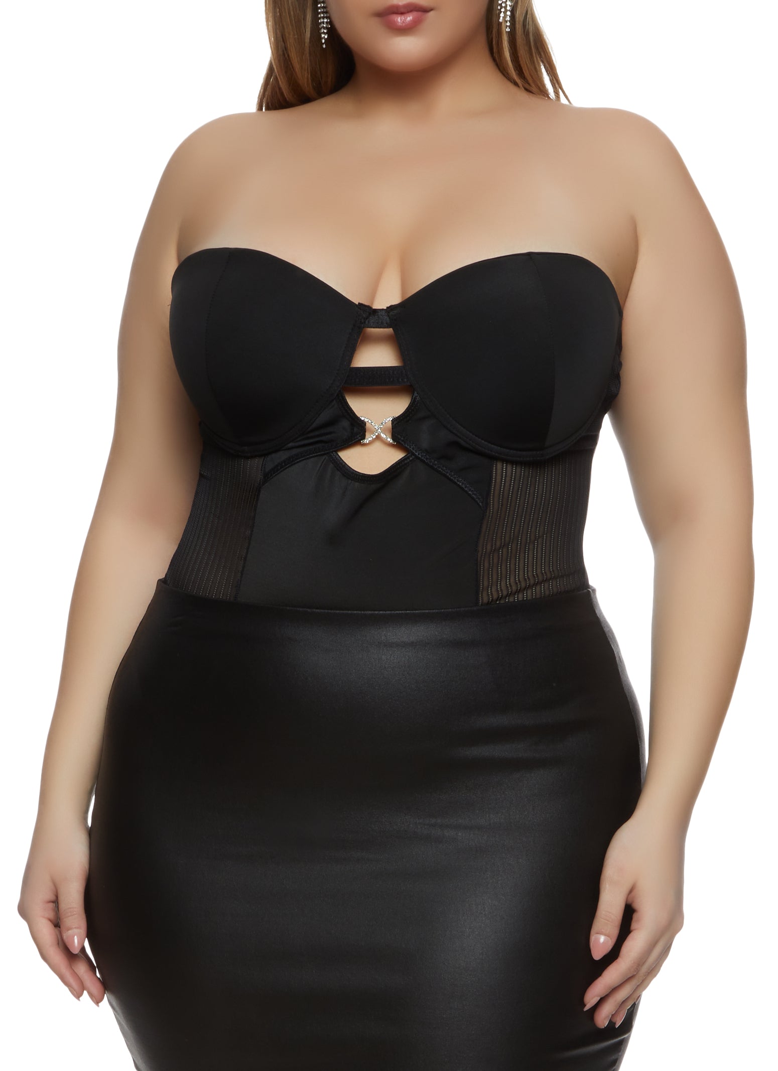 Womens Plus Size Shadow Stripe Caged Detail Bustier Bodysuit, Black, Size 2X