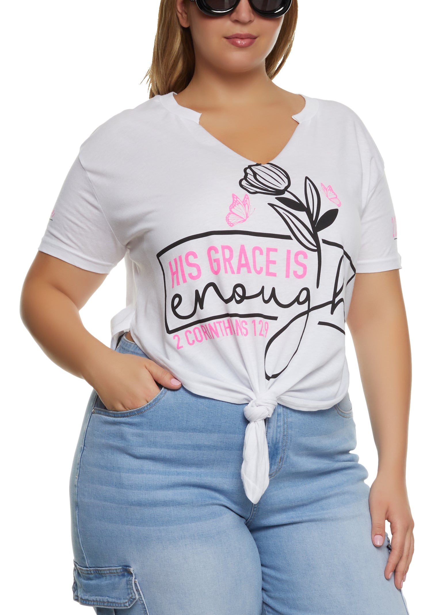 Womens Plus Size His Grace Is Enough Hanky Hem Graphic Tee, White, Size 2X