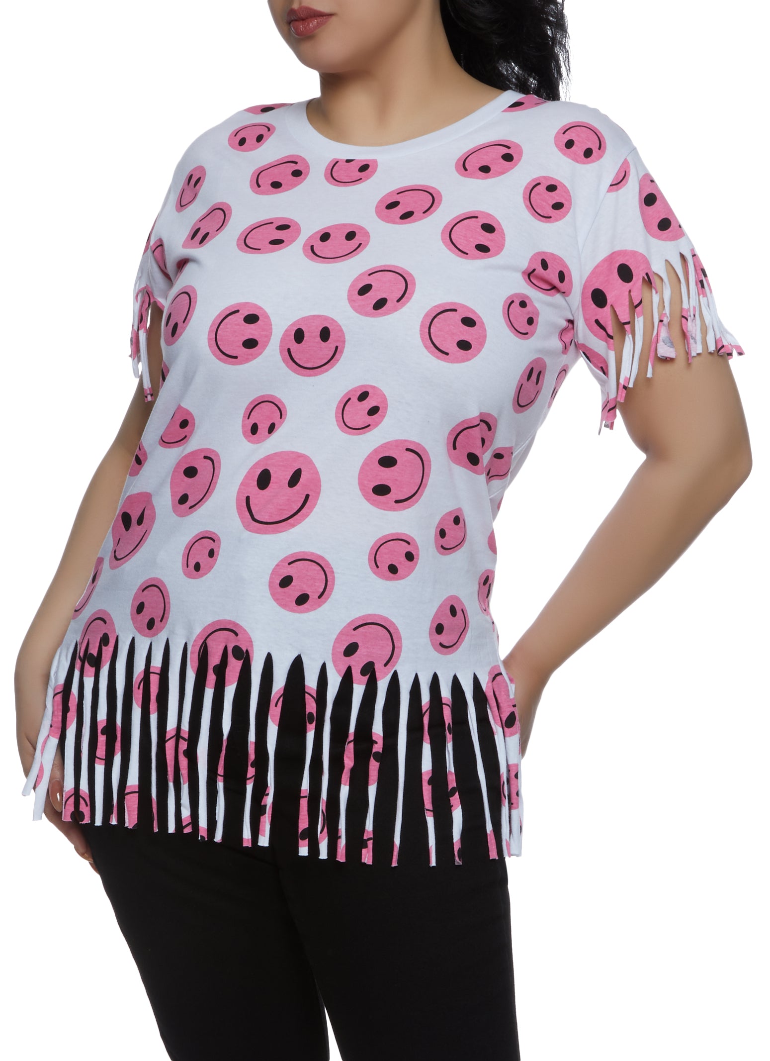 Womens Plus Size Fringe Smiley Graphic Tee, Multi, Size 2X