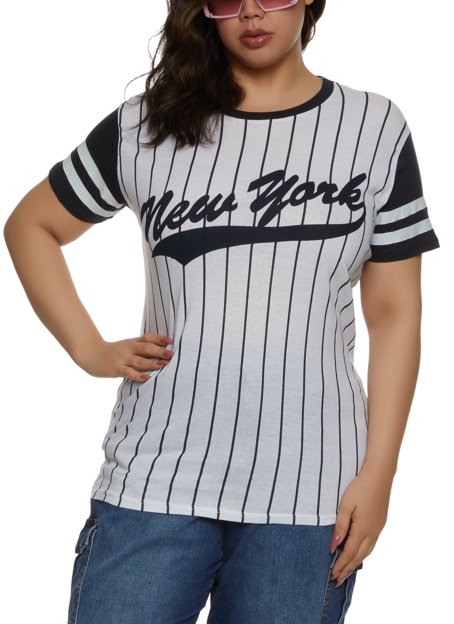 Womens Plus New York Pinstripe Baseball T Shirt,
