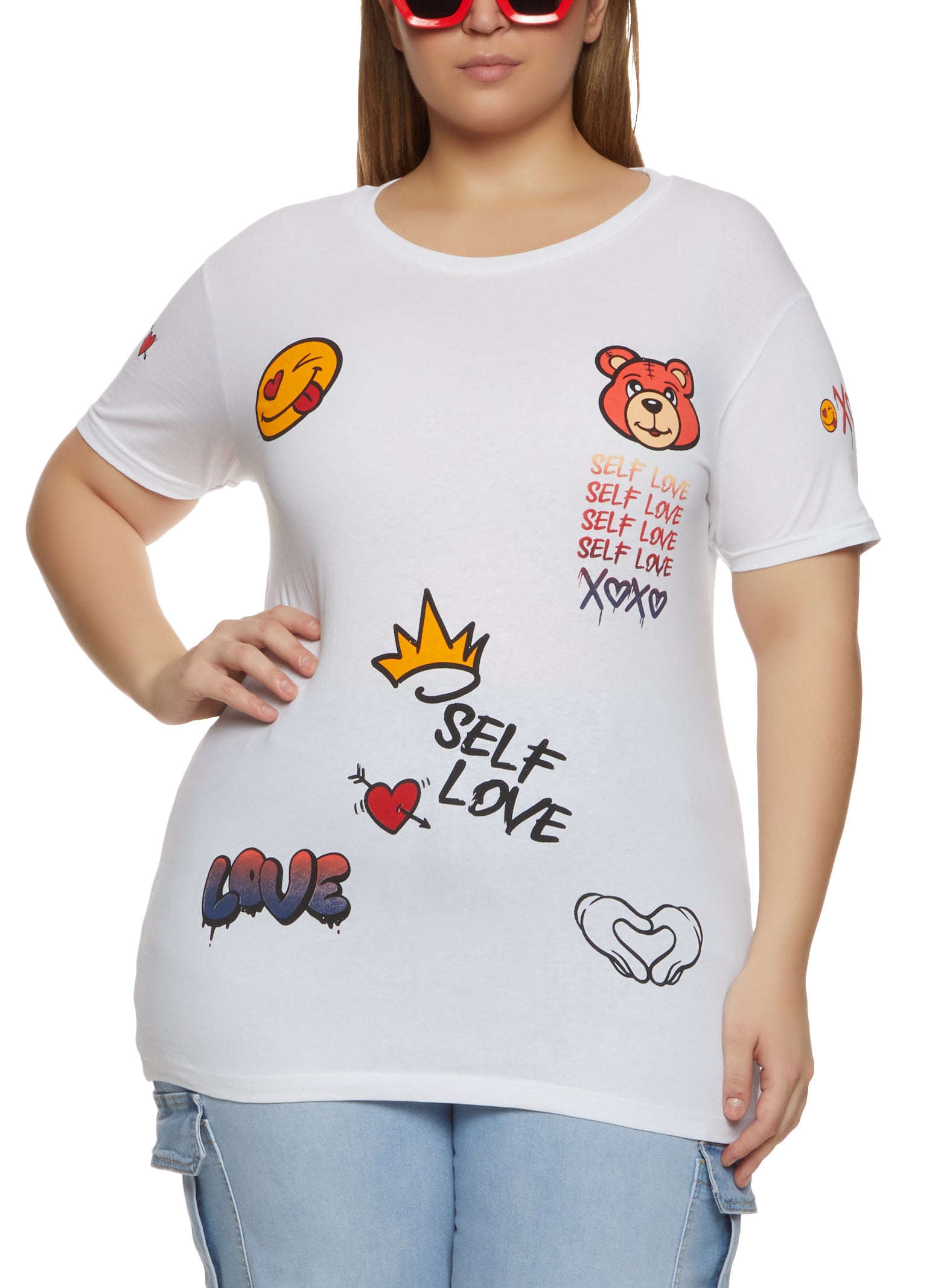 Womens Plus Size Self Love Graphic Crew Neck T Shirt, White, Size 1X
