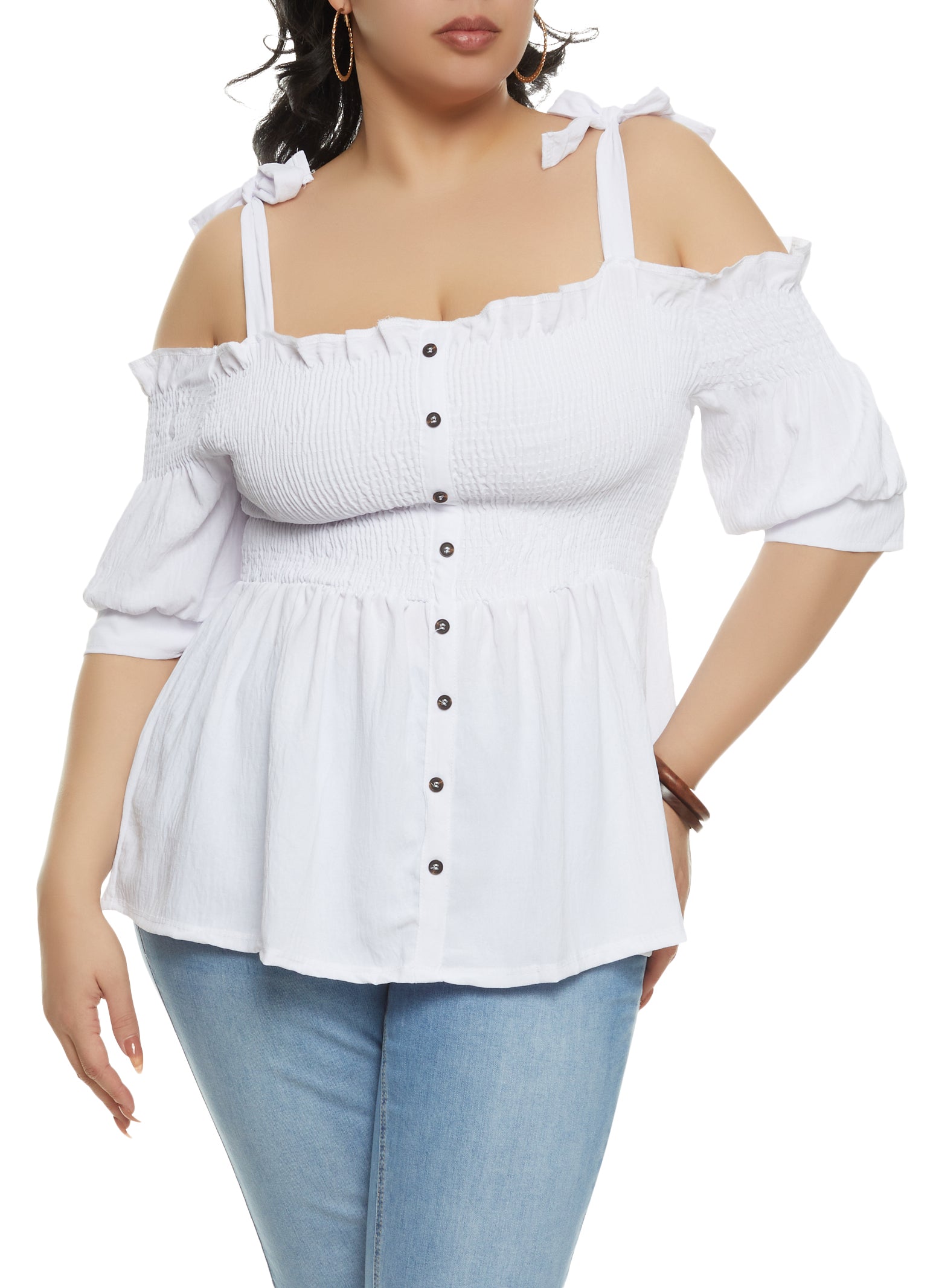 Womens Plus Smocked Button Front Cold Shoulder Top,