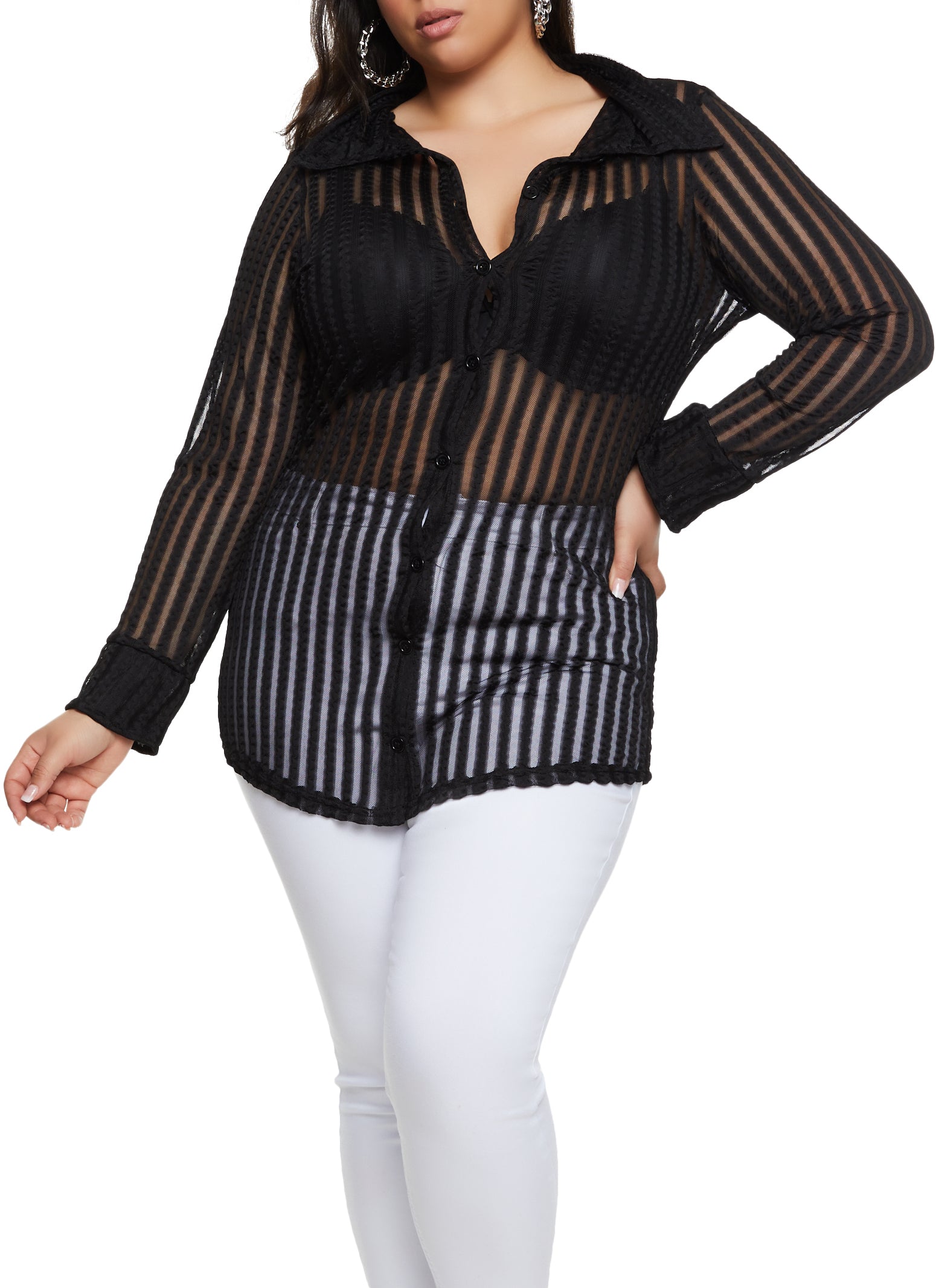 Womens Plus Striped Mesh Detail Button Front Shirt,