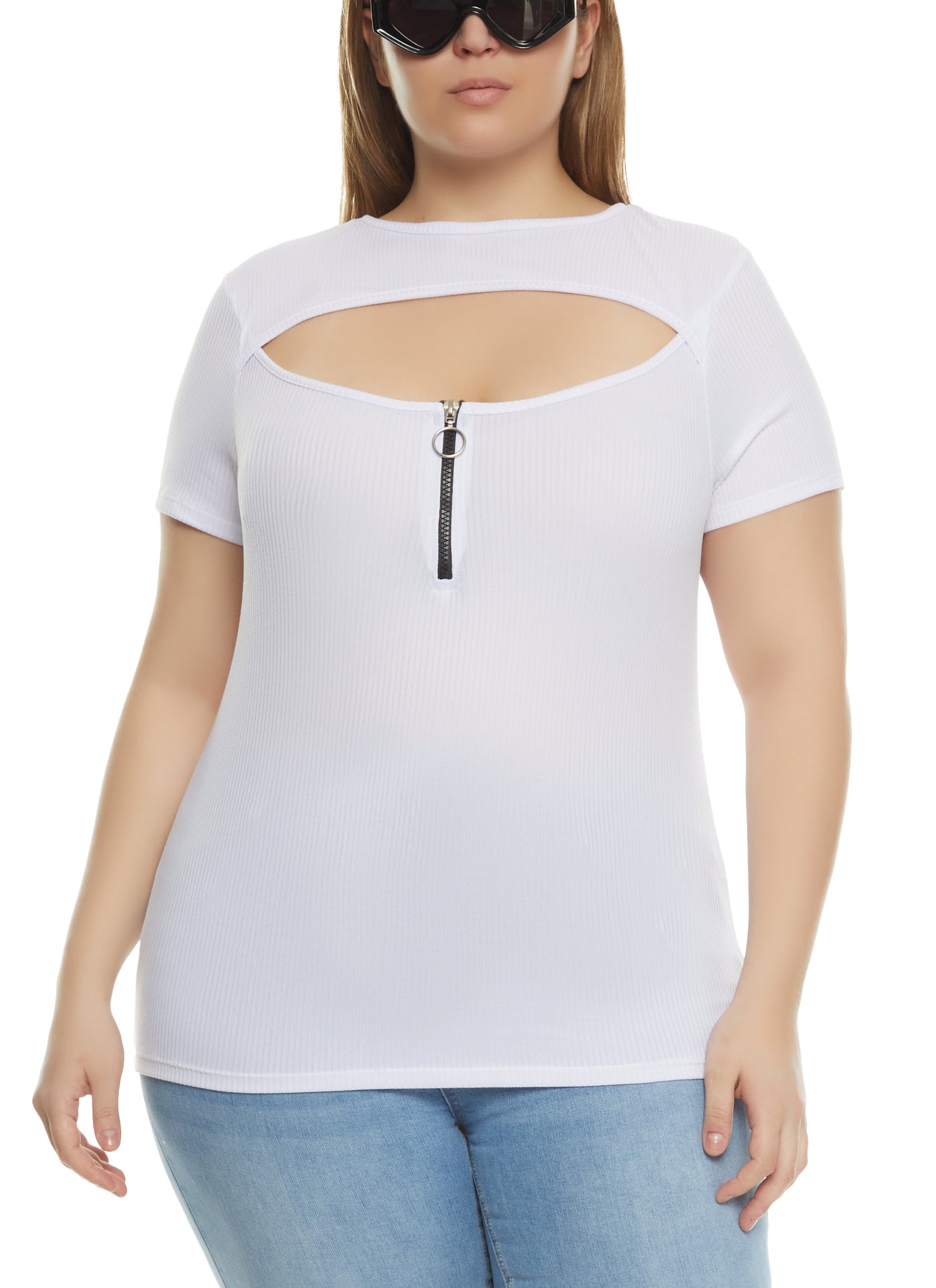 Womens Plus Size Half Zip Cut Out Front Top, White, Size 1X