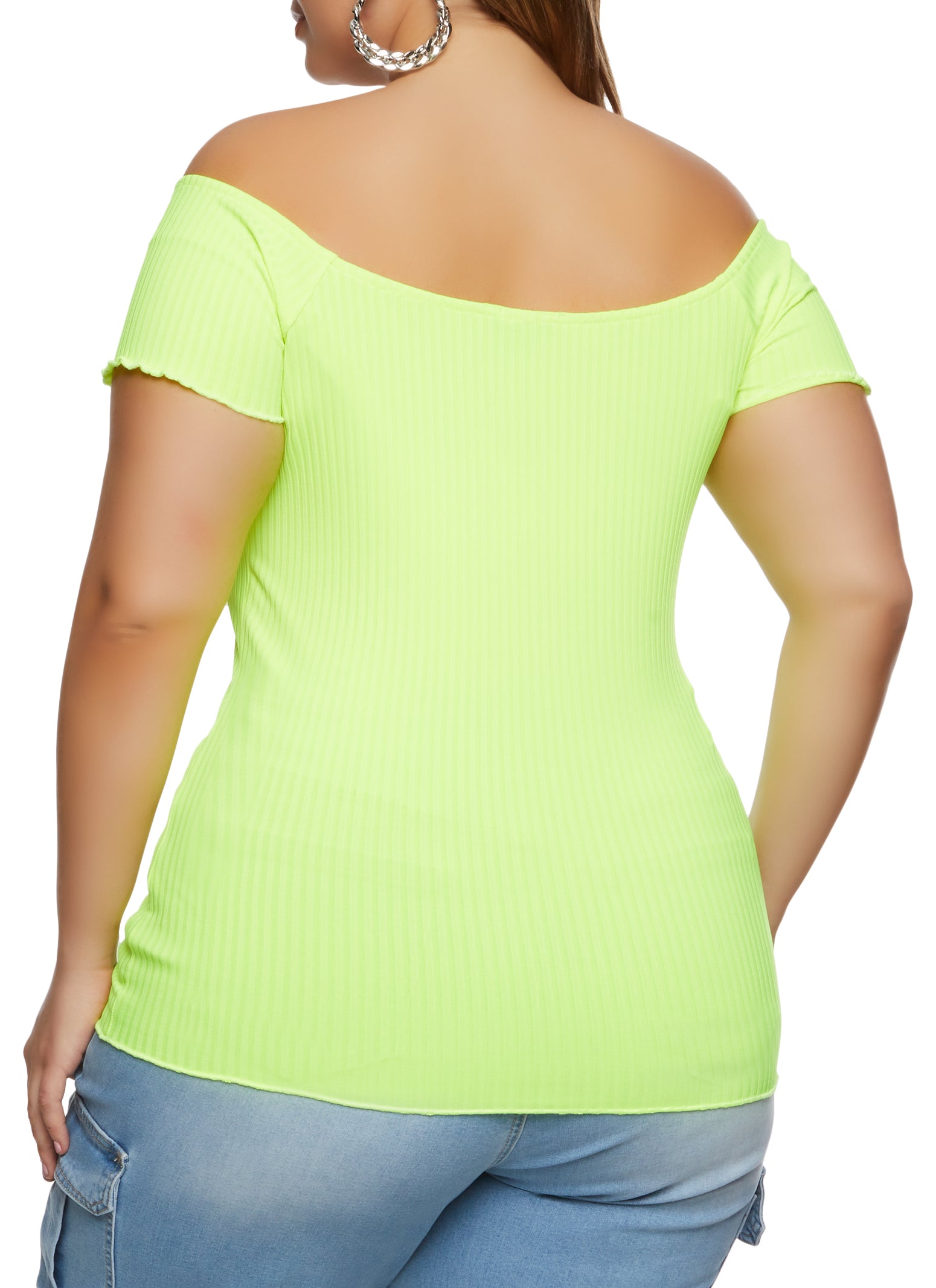 Womens Plus Ribbed Zip Front Off the Shoulder Top,