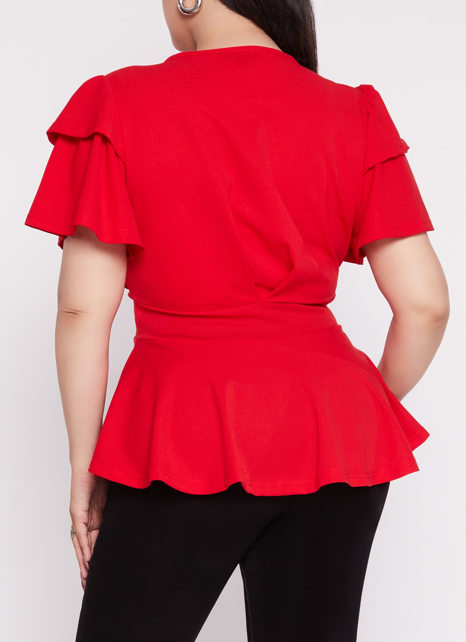 Womens Plus Tiered Sleeve Tie Front Peplum Top, Red,