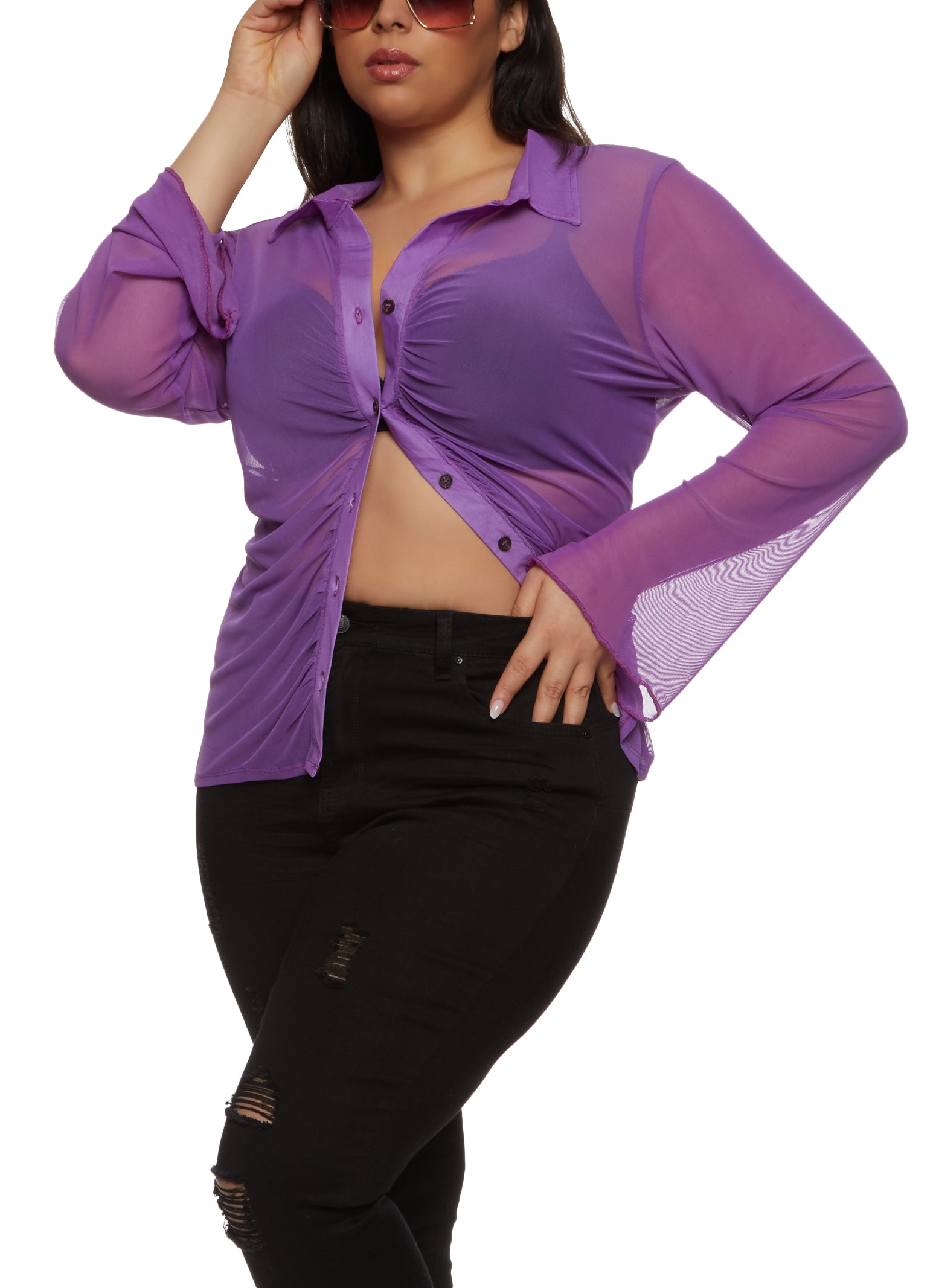 Womens Plus Size Mesh Ruched Button Front Shirt, Purple, Size 4X