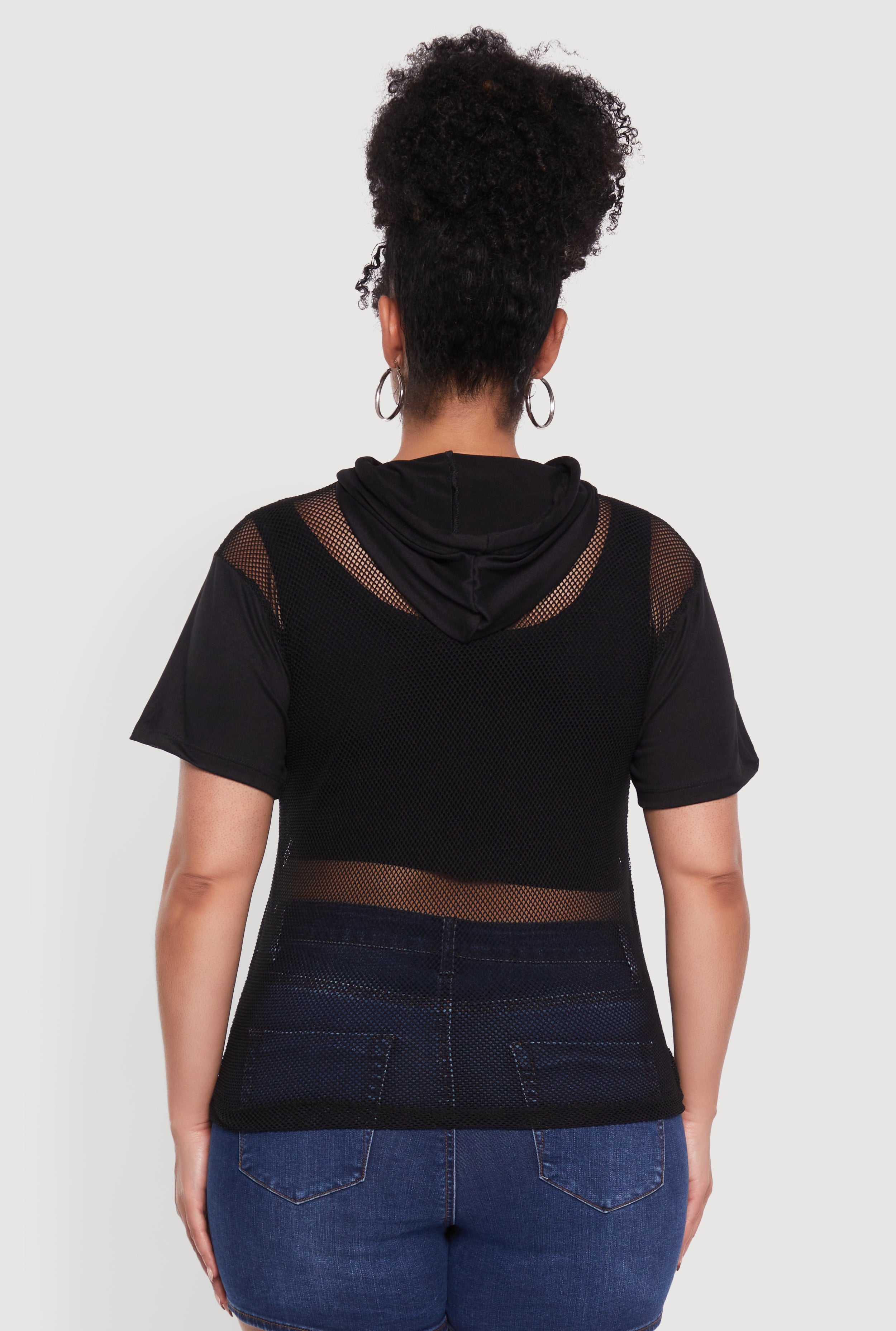 Womens Plus Size 1990 Graphic Hooded Short Sleeve Fishnet Top, Black, Size 3X