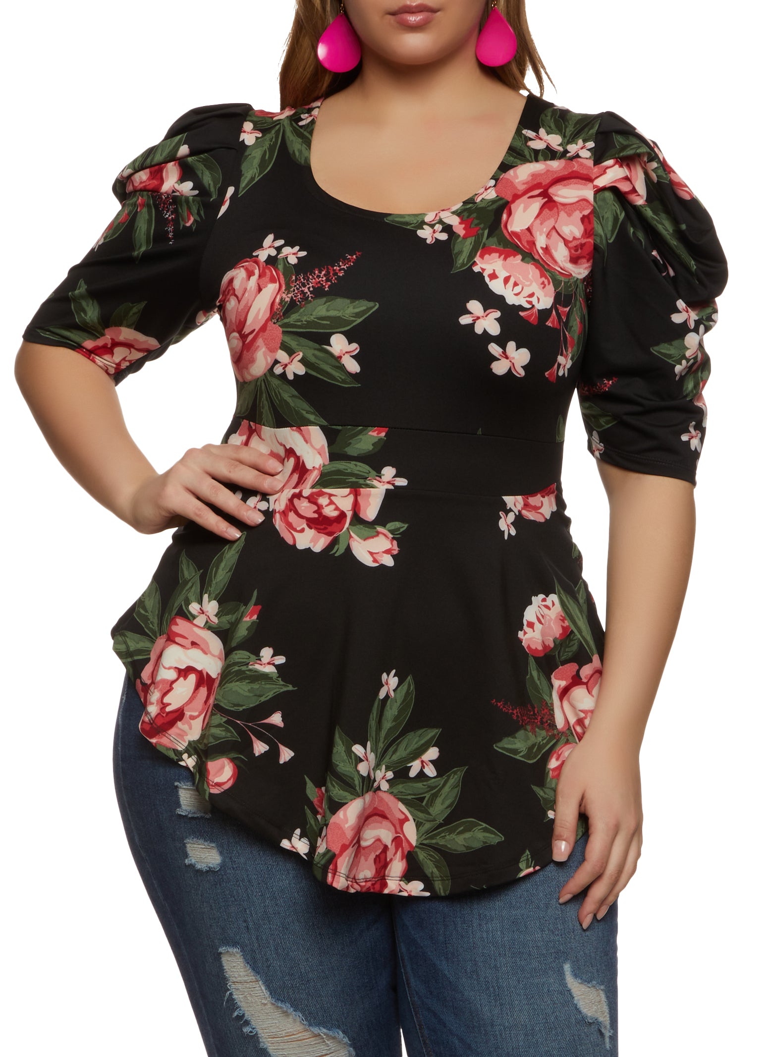 Womens Plus Size Floral Print Puff Sleeve Peplum Top, Black, Size 3X