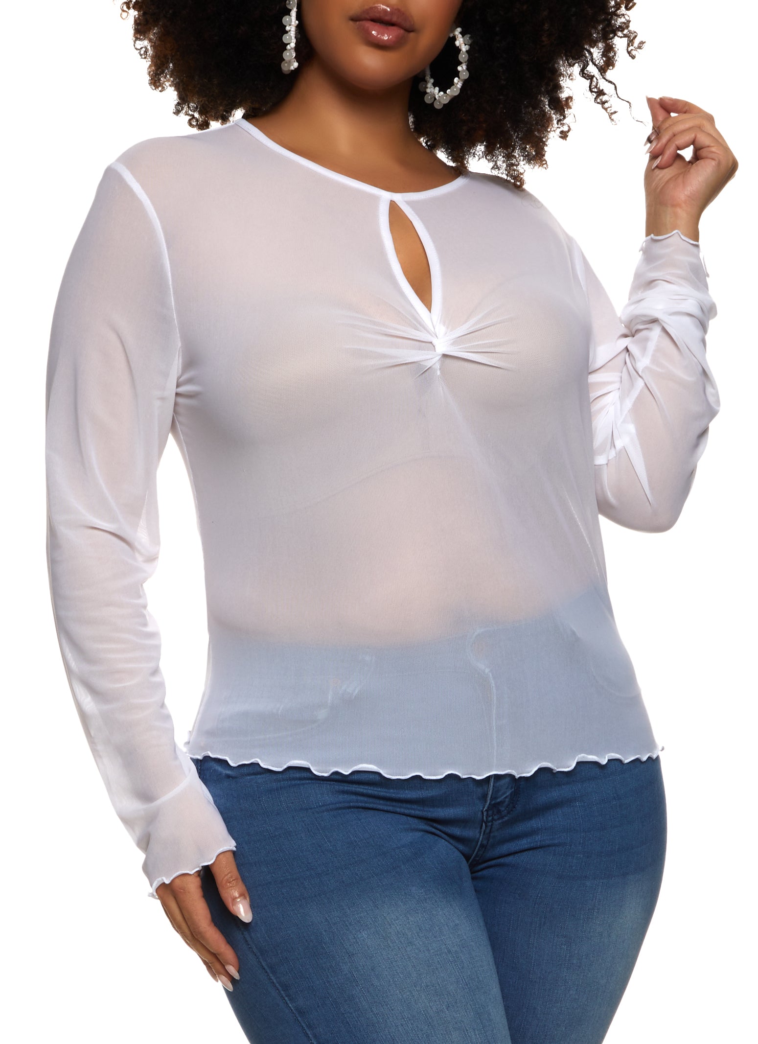 Womens Plus Size Mesh Lettuce Edge Keyhole Top, White, Size 1X