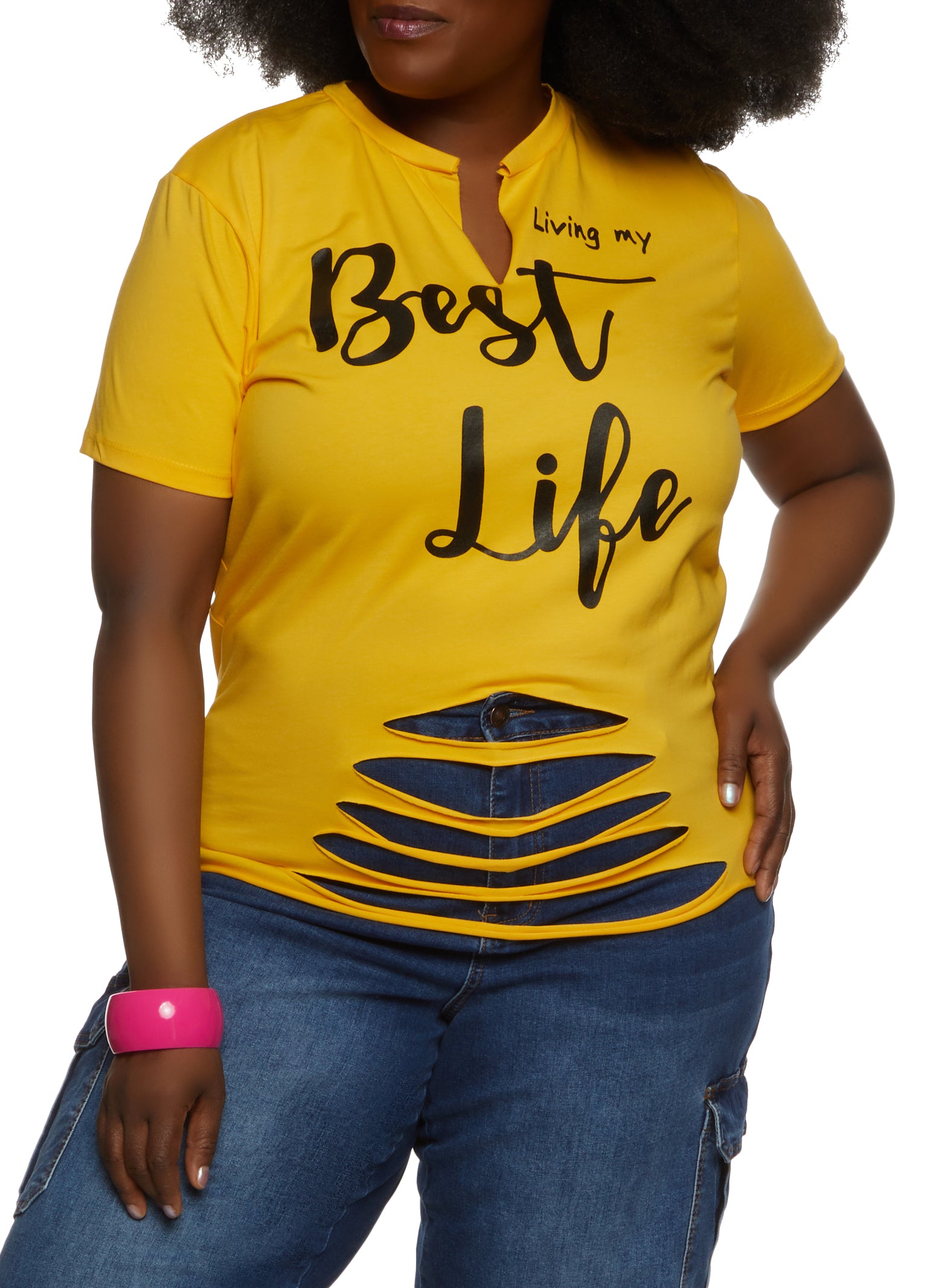 Womens Plus Size Living My Best Life Laser Cut Graphic Tee, Yellow, Size 3X