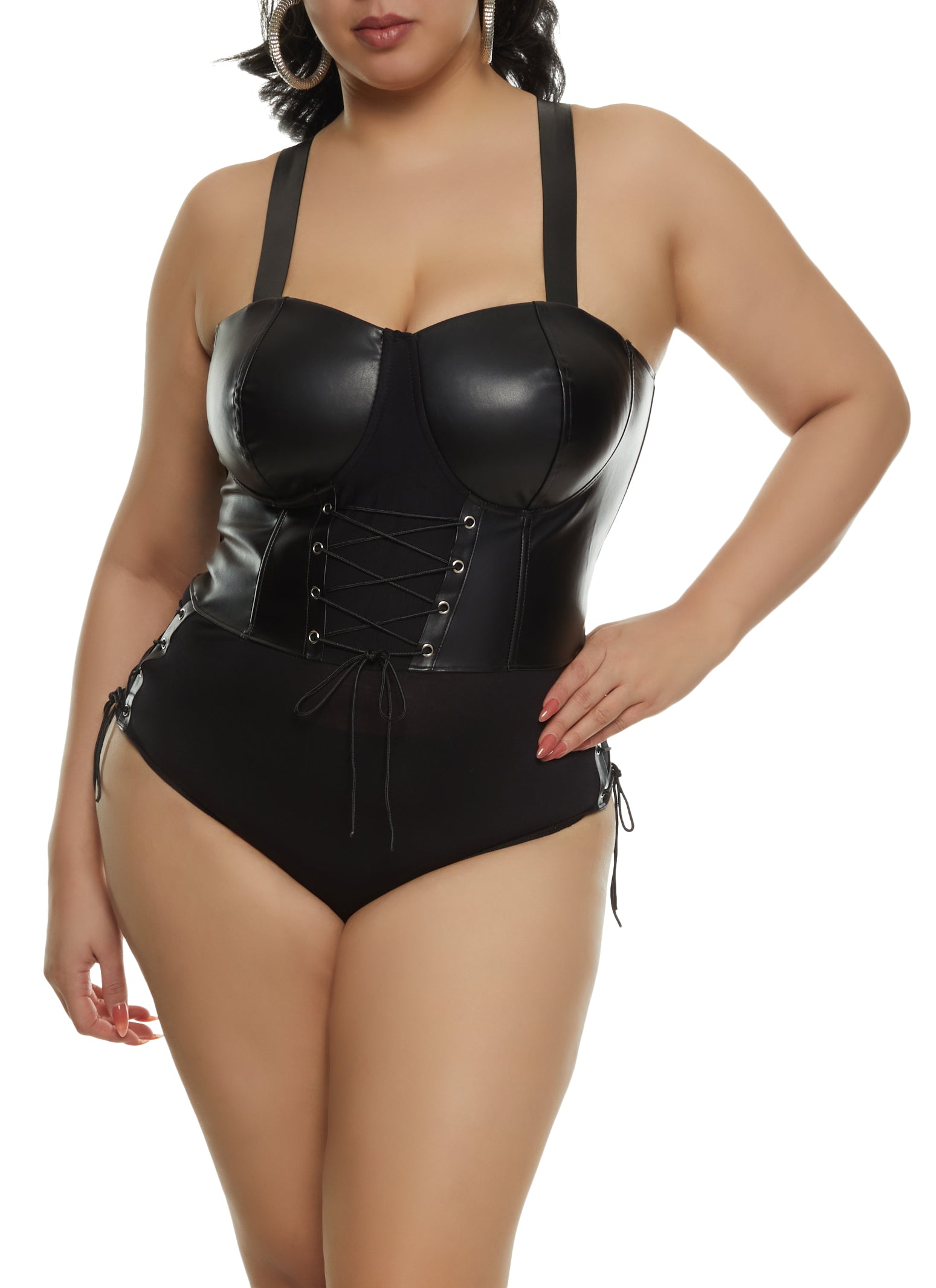 Plus Size Faux Leather Lace Up Detail Bustier Bodysuit - Black