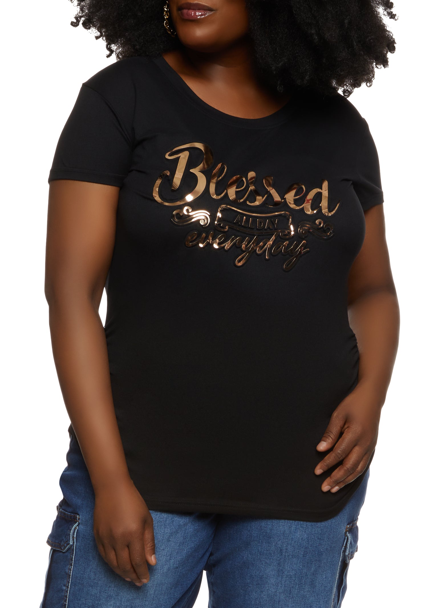 Womens Plus Size Blessed All Day Everyday Embossed Foil Graphic Tee, Black, Size 1X