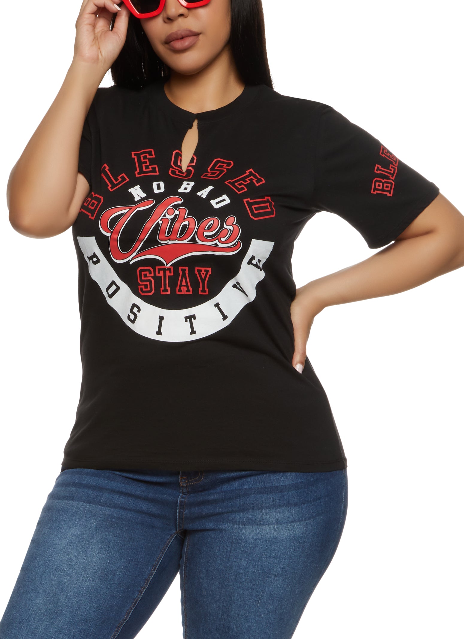 Womens Plus Size Blessed No Bad Vibes Stay Positive Notch Neck Tee, Black, Size 3X