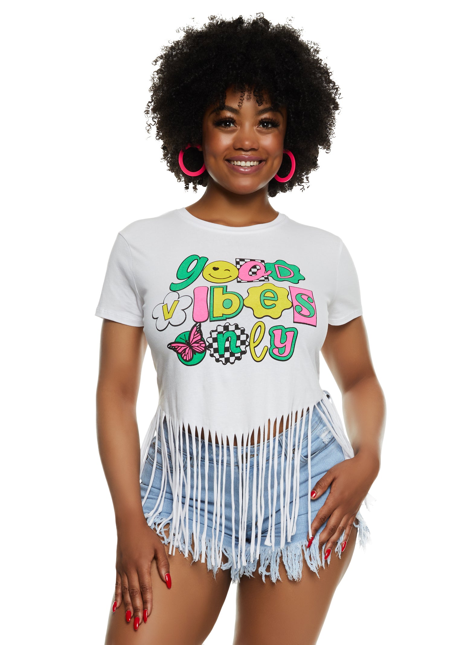 Womens Plus Fringe Good Vibes Only Graphic Tee, White,