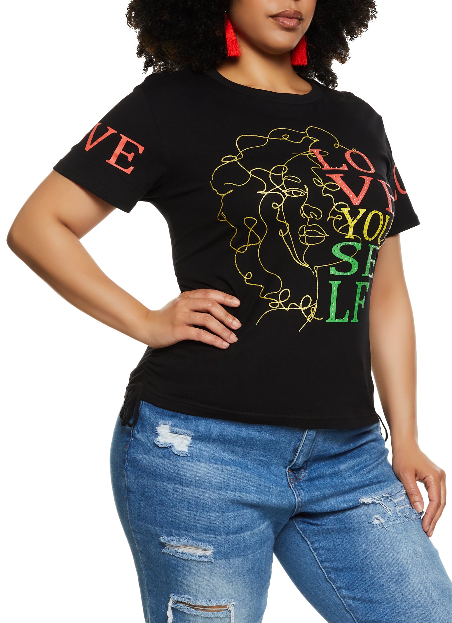 Womens Plus Size Rhinestone Love Yourself Laser Cut Graphic Tee, Black, Size 1X