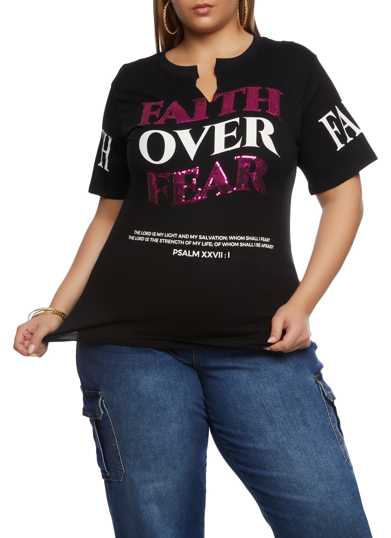 Womens Plus Size Faith Over Fear Sequin Graphic Tee, Black, Size 1X