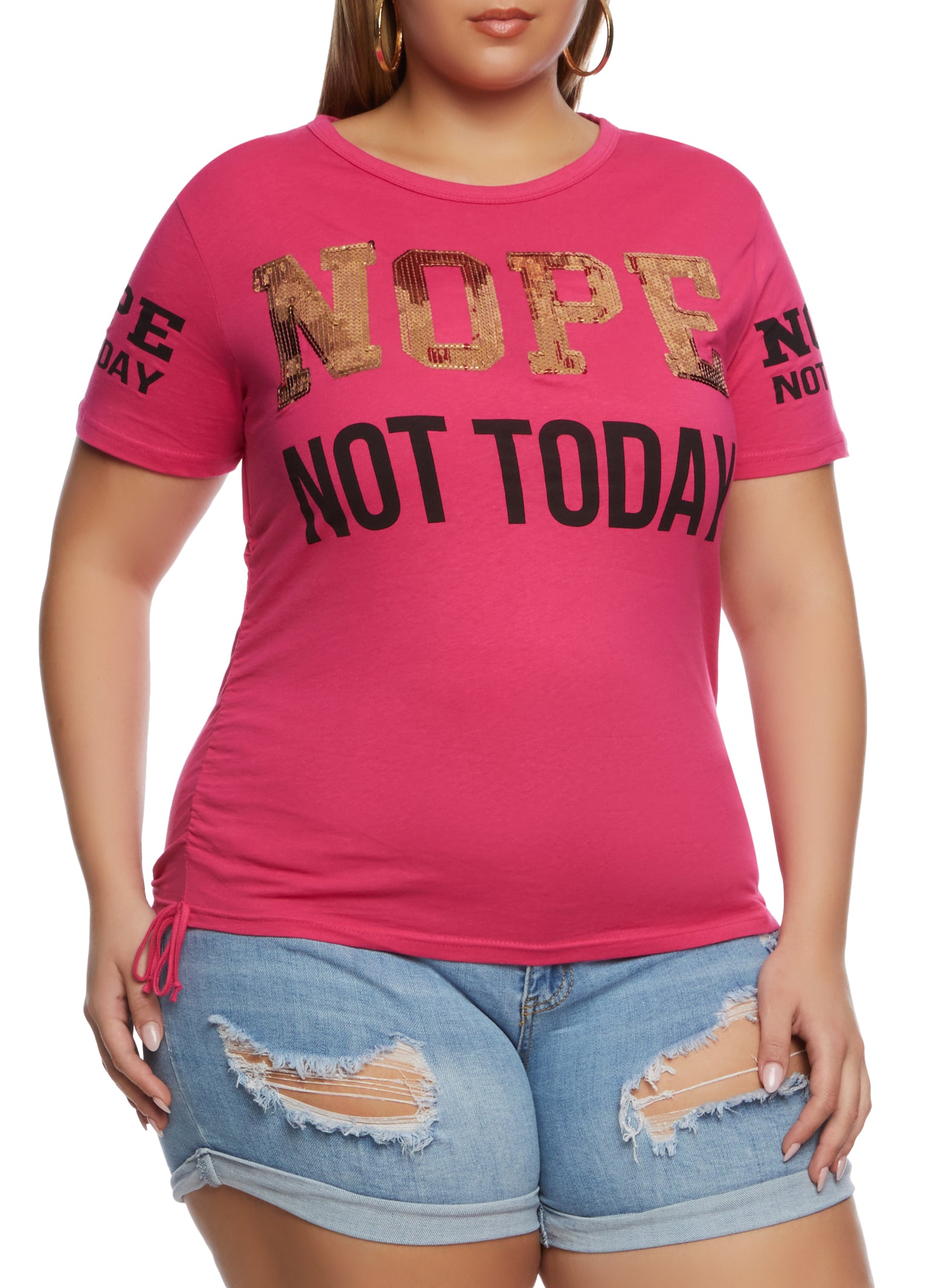 Womens Plus Size Sequin Nope Not Today Ruched Graphic Tee, Pink, Size 1X