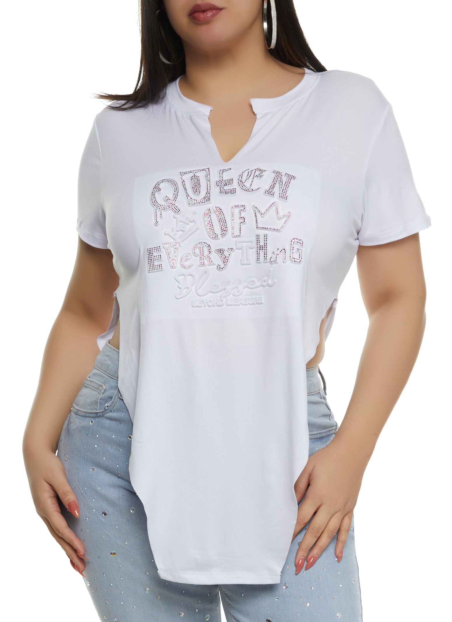 Womens Plus Queen of Everything Embossed Rhinestone Graphic Tee, White,