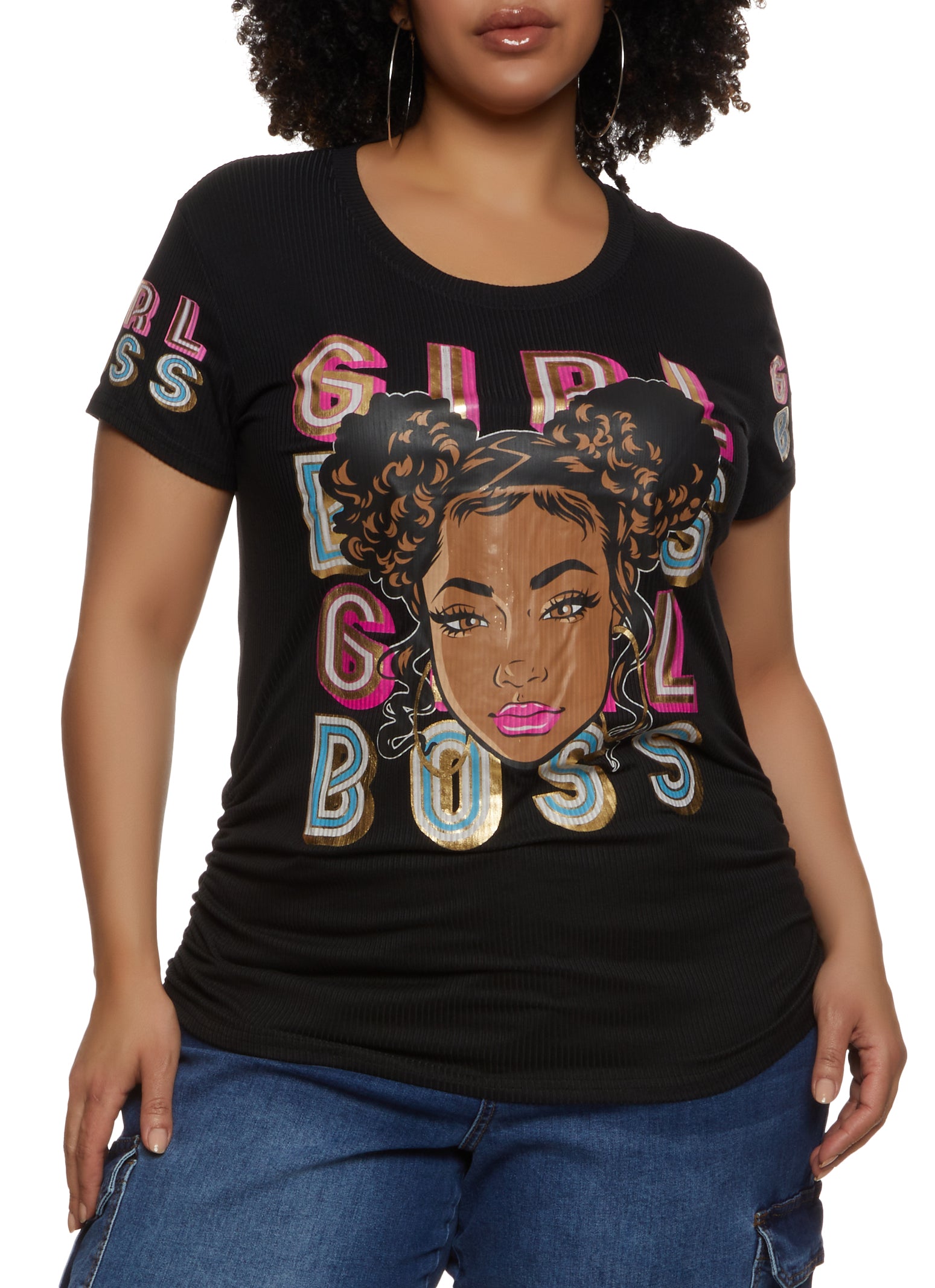 Womens Plus Size Girl Boss Foil Screen Ruched Graphic Tee, Black, Size 1X