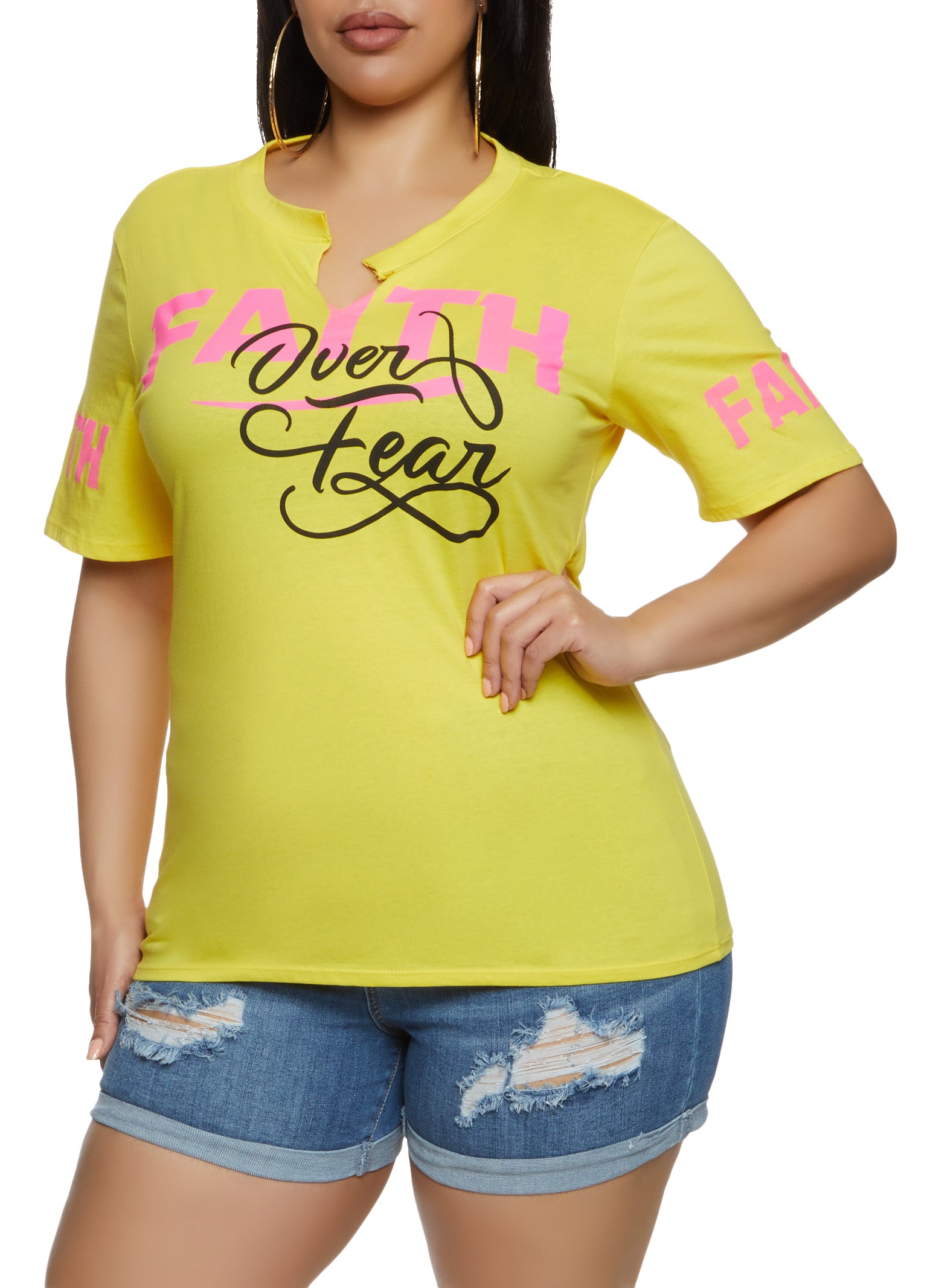 Womens Plus Size Faith Over Fear Graphic Tee, Yellow, Size 1X