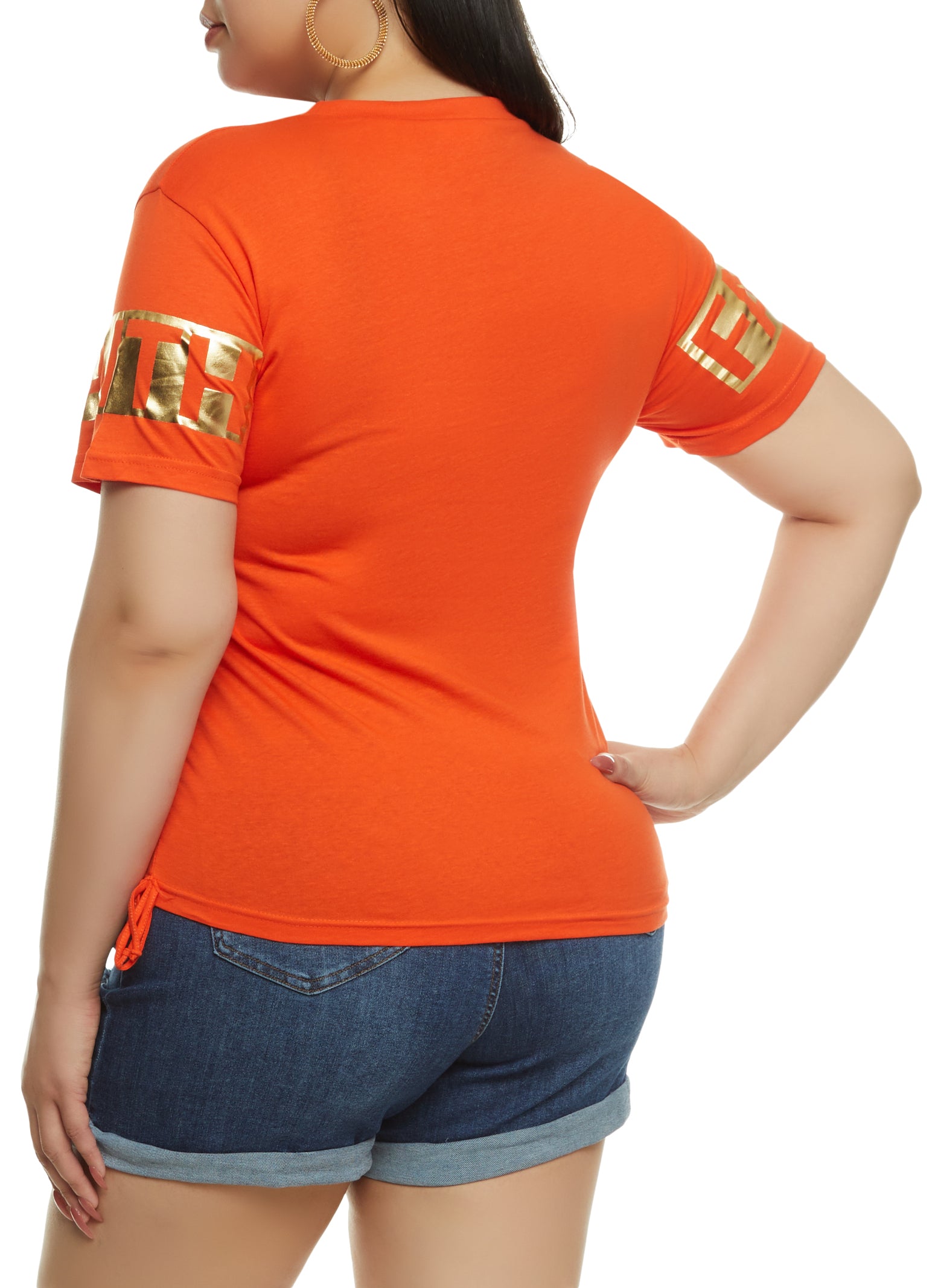 Womens Plus Size Ruched Side Faith Foil Graphic Tee, Orange, Size 1X