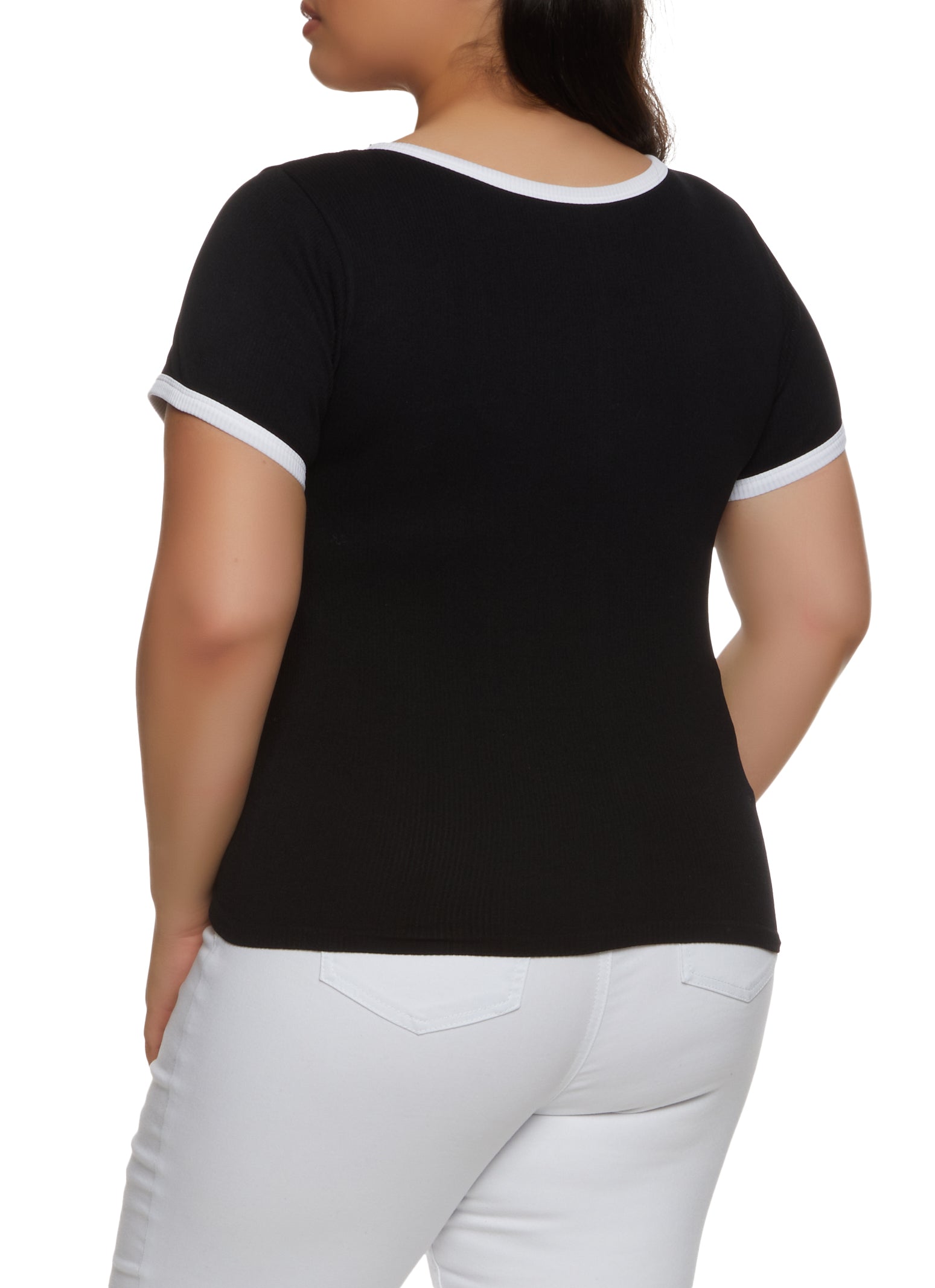 Womens Plus Rib Knit Seamless Ringer Tee,