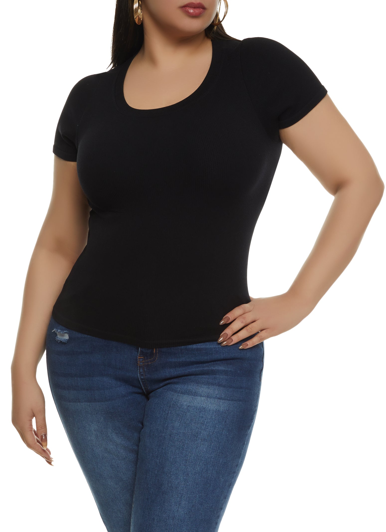 Womens Plus Ribbed Crew Neck T Shirt, 1X-2X