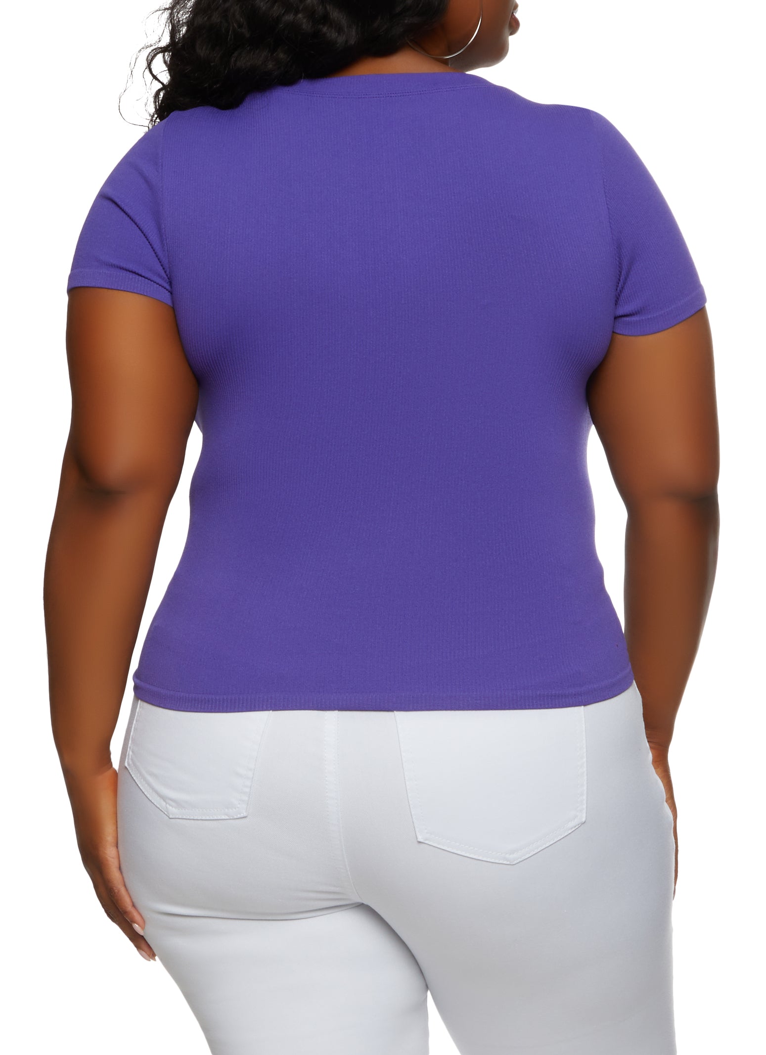 Womens Plus Size Ribbed Crew Neck T Shirt, Purple, Size 1X-2X