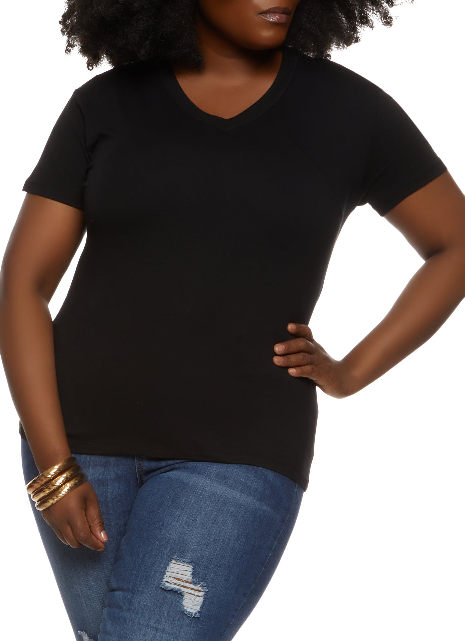 Womens Plus Size Basic V Neck Short Sleeve T Shirt, Black, Size 1X