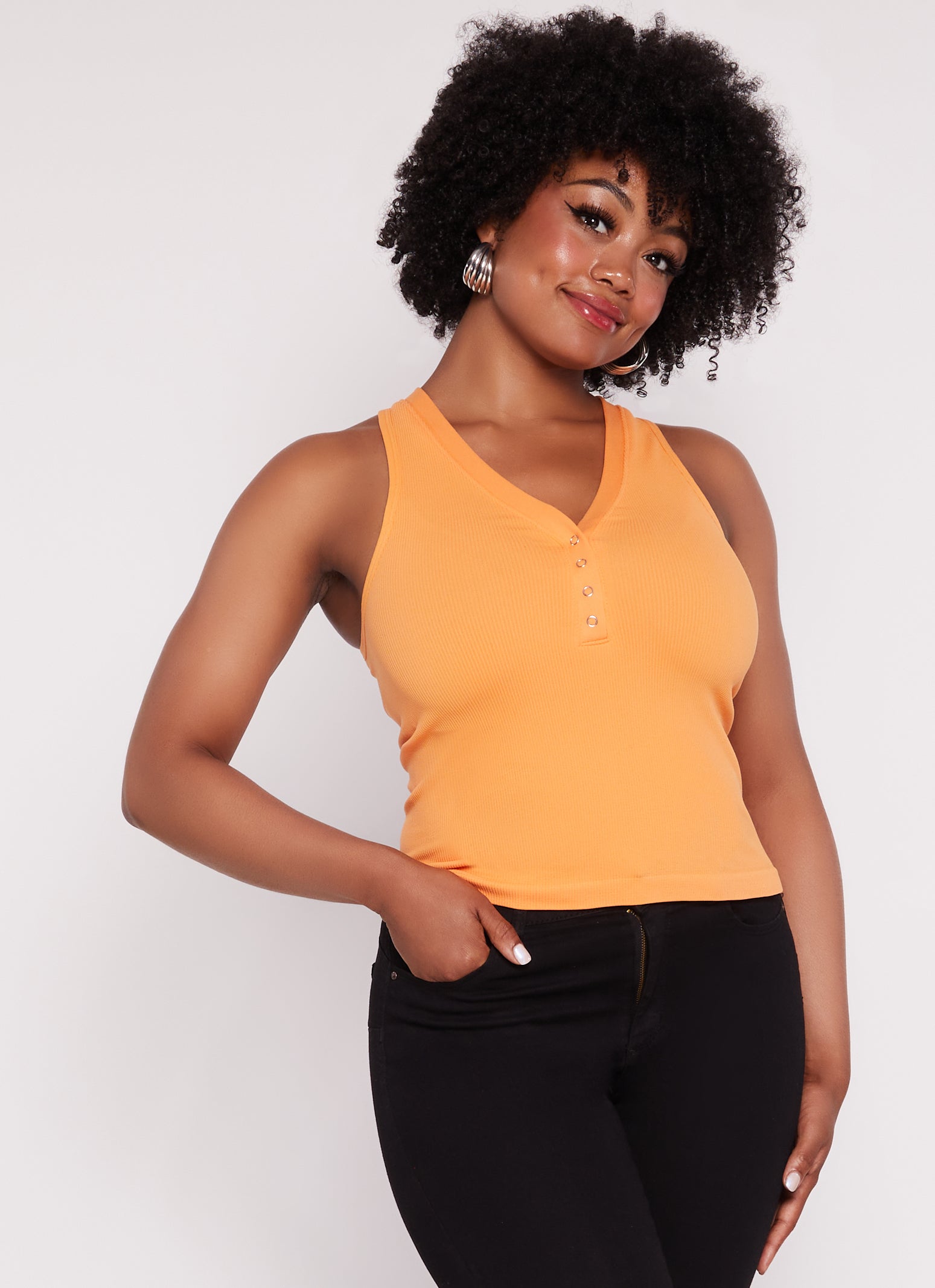 Womens Plus Seamless Ribbed Snap Button Tank Top, 2X-3X