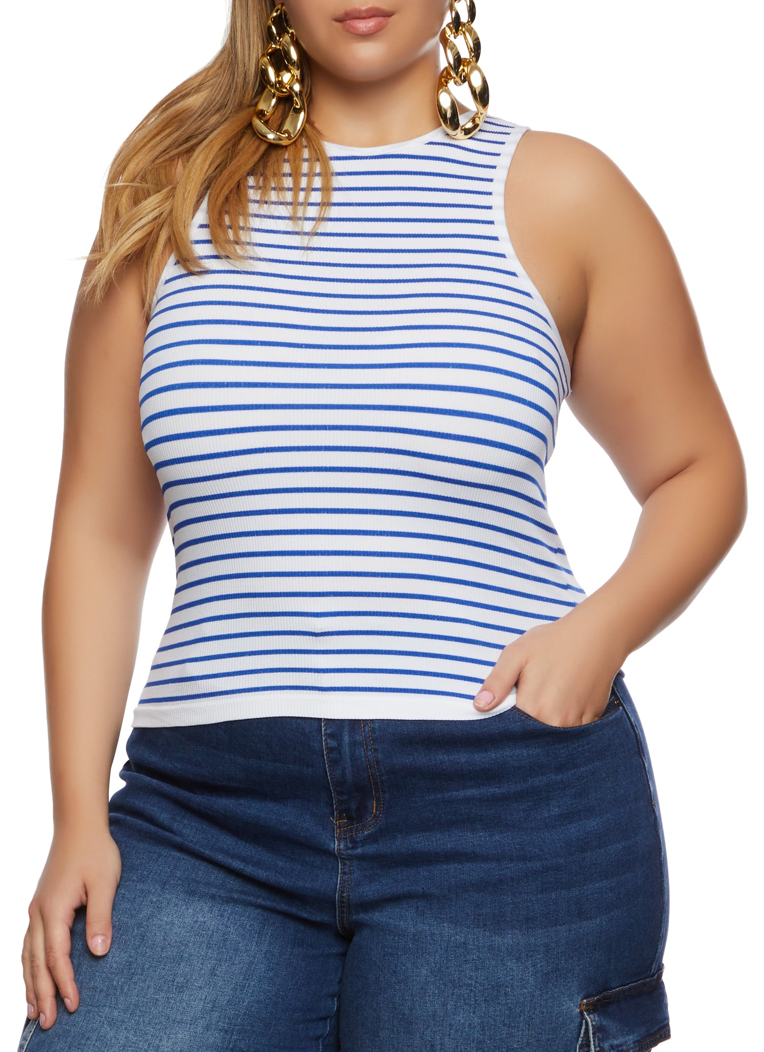 Womens Plus Size Rib Knit Stripe Tank Top, Blue, Size 2X-3X