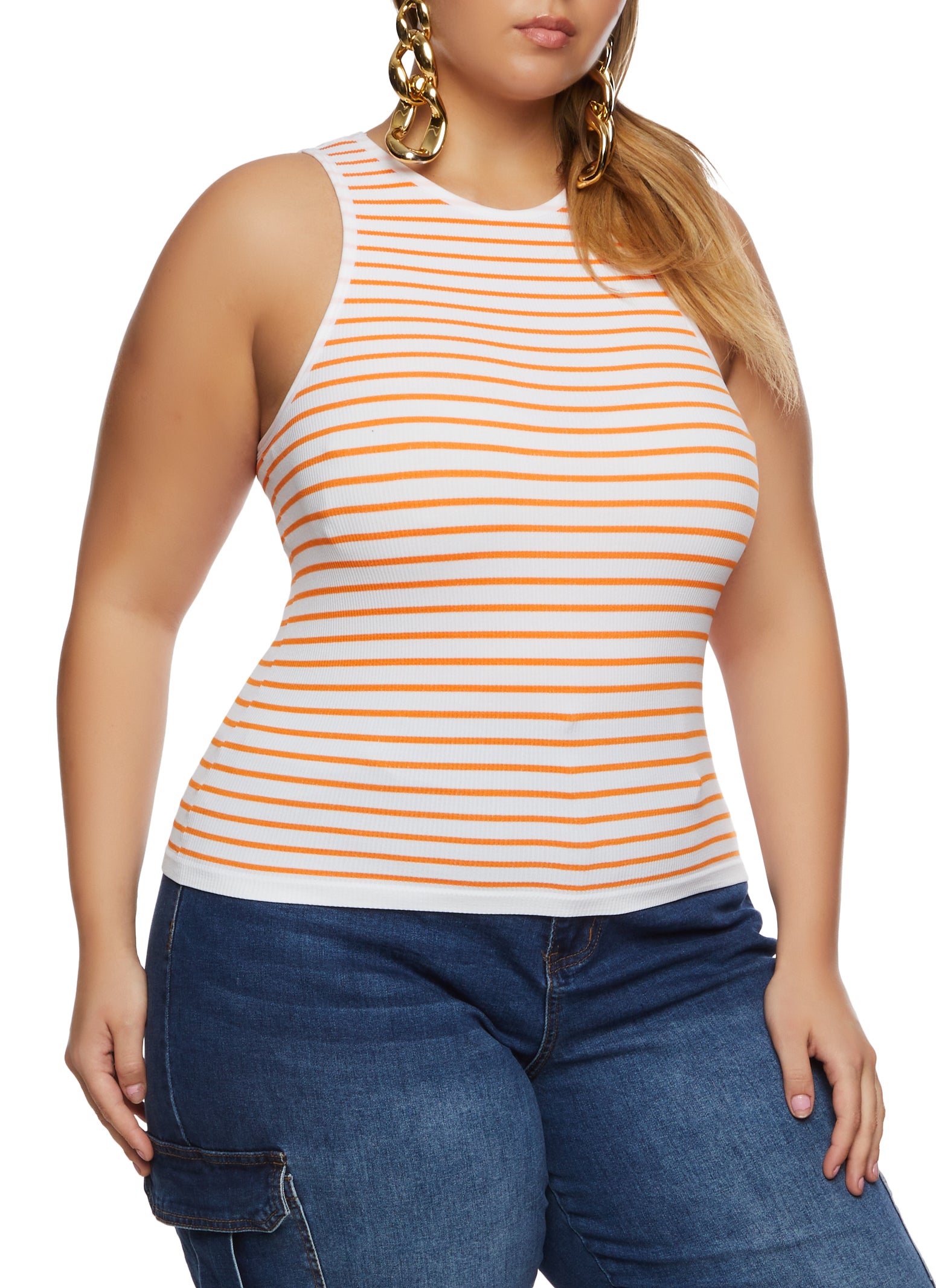 Womens Plus Size Rib Knit Stripe Tank Top, Orange, Size 1X-2X