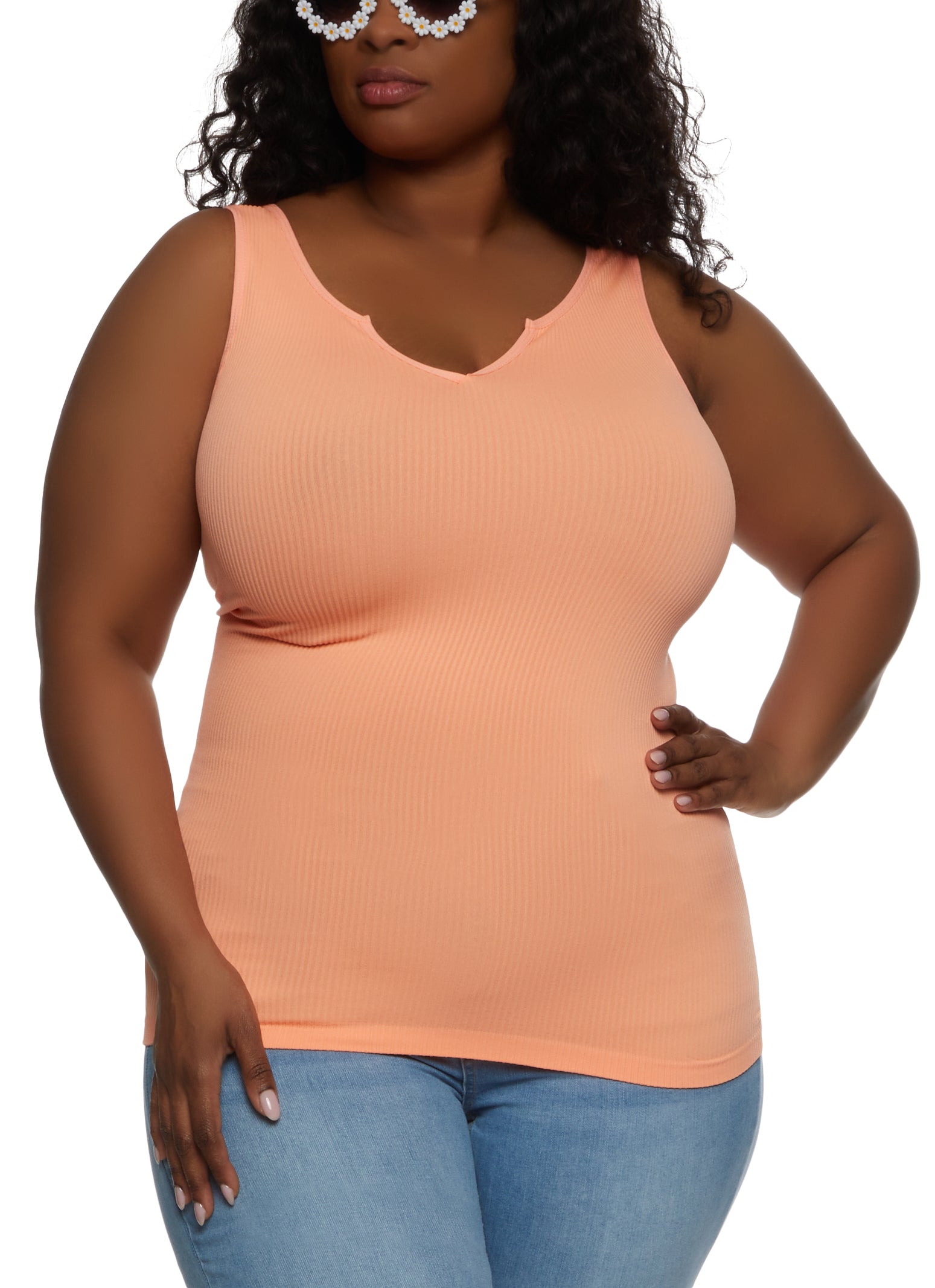 Womens Plus Size Ribbed Notch Neck Tank Top, Orange, Size 1X-2X