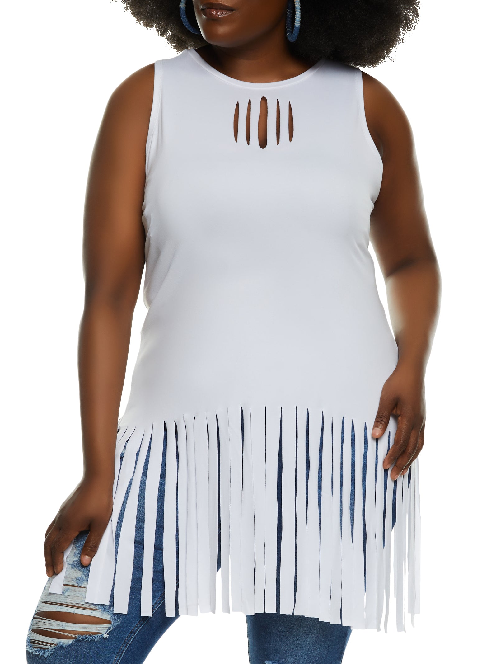 Womens Plus Size Cut Out Fringe Tank Top, White, Size 3X