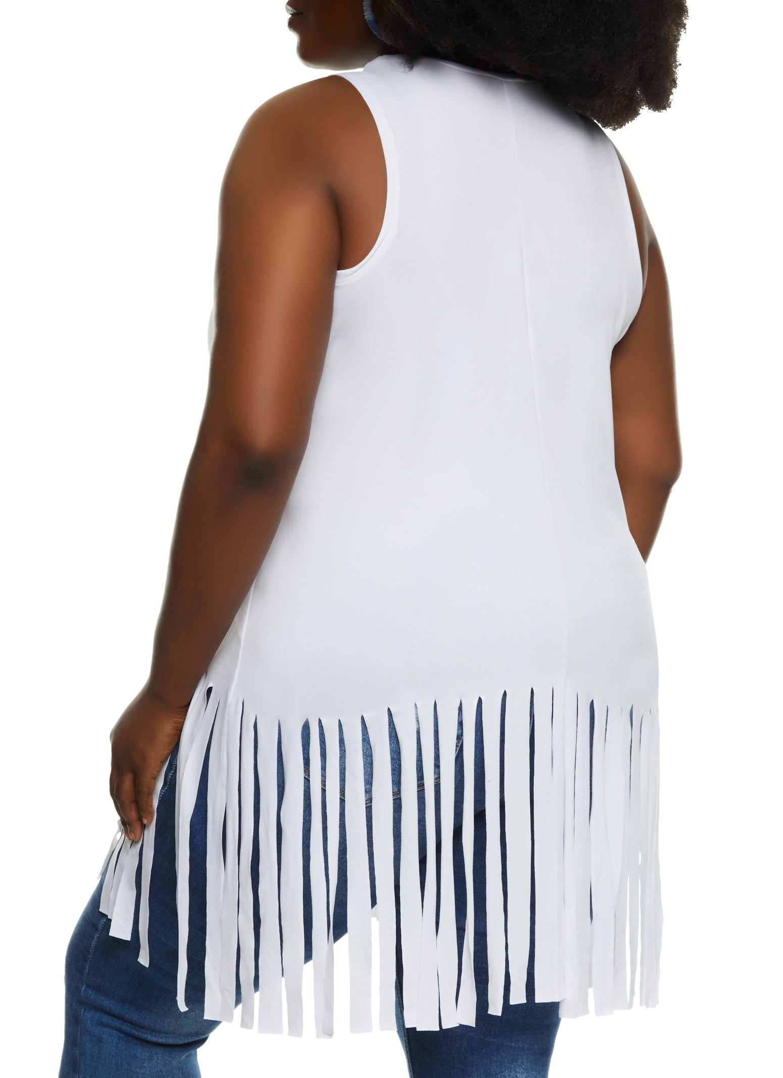 Womens Plus Size Cut Out Fringe Tank Top, White, Size 1X