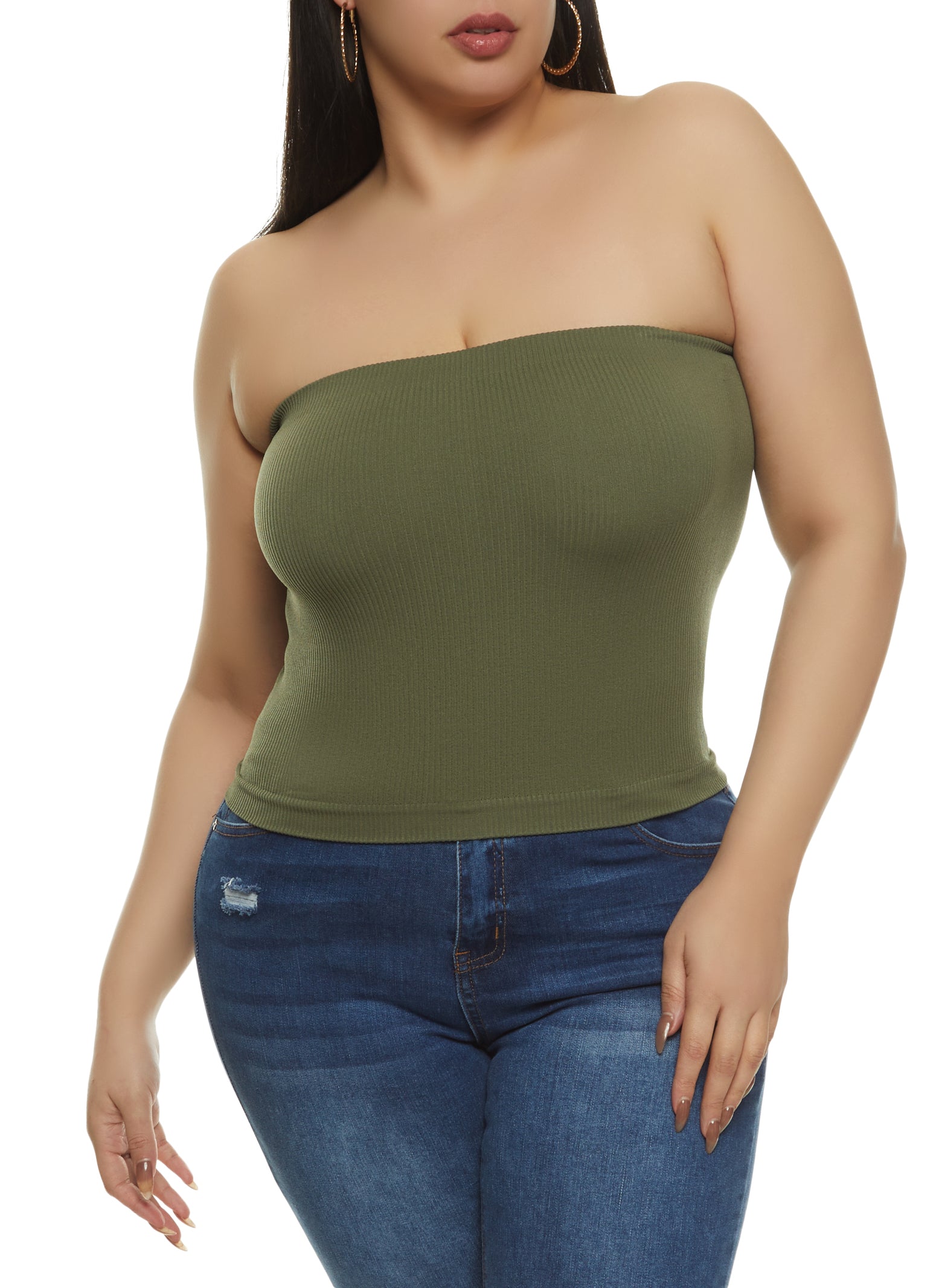 Womens Plus Size Basic Ribbed Knit Seamless Tube Top, Green, Size 1X